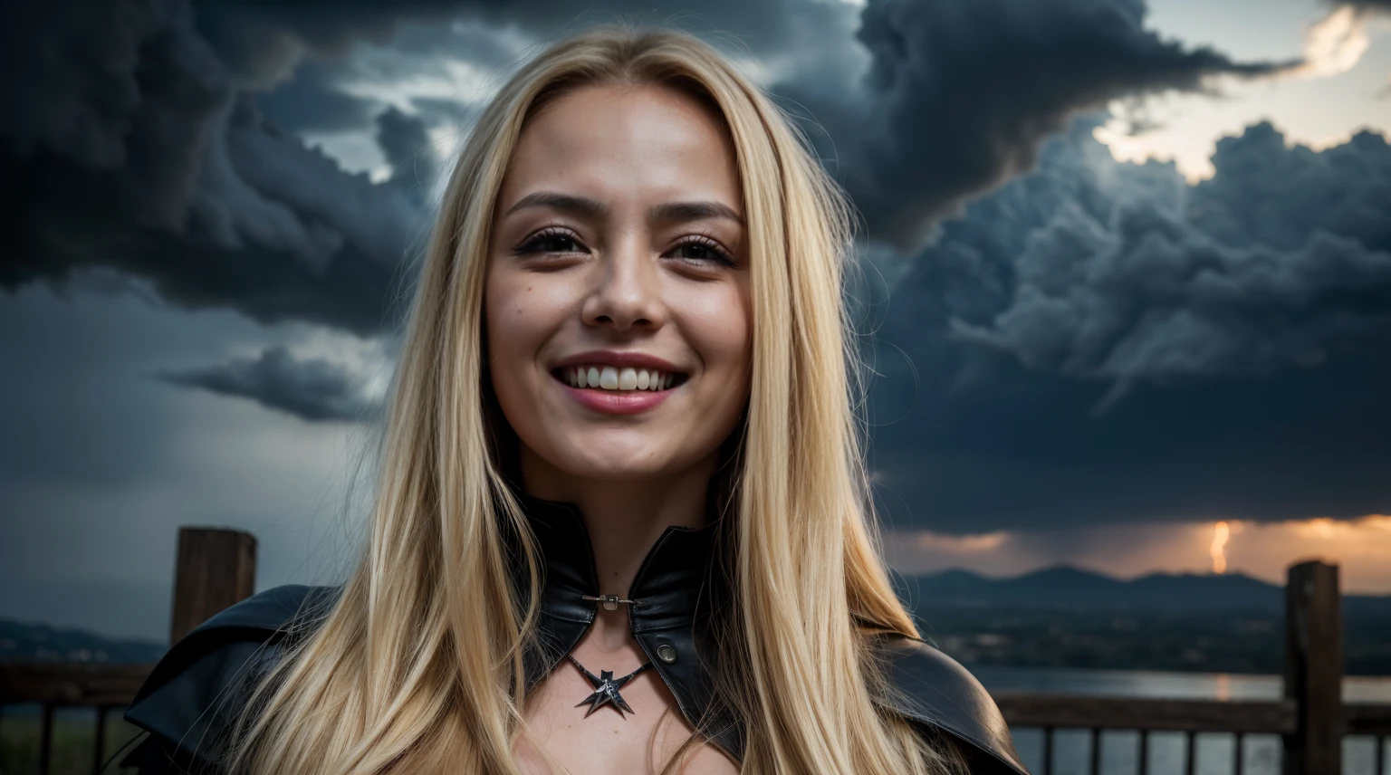 Best Quality, Masterpiece, The ultra-Highres, (Photorealistic:1.4), Raw foto, 1Vampire Girl, with long blond hair, detailed eyes and face, (Whiying Black Vampire Costume, bring the mace), Spot lighting, Dark In, Deep Shadow, Low Key, Cowboy Shot Telegraph, ((open eyes:0.4)), ((Smile, Vampire fangs are visible in the mouth)), Lightning clouds,