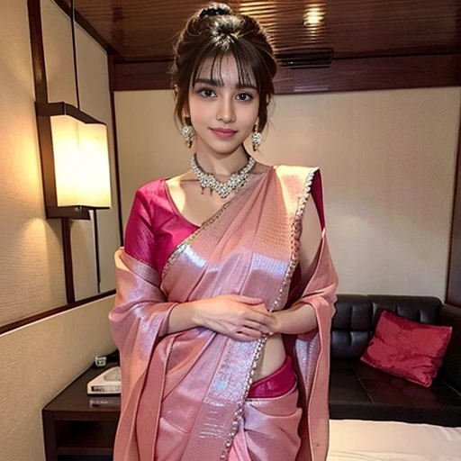 a cute woman in a pink sari posing for a picture, featured on instagram, seductive, angular, , hot, sexy,