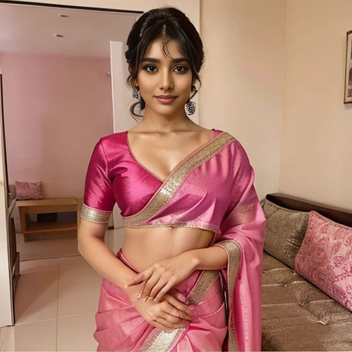 a cute woman in a pink sari posing for a picture, featured on instagram, seductive, angular, , hot, sexy,