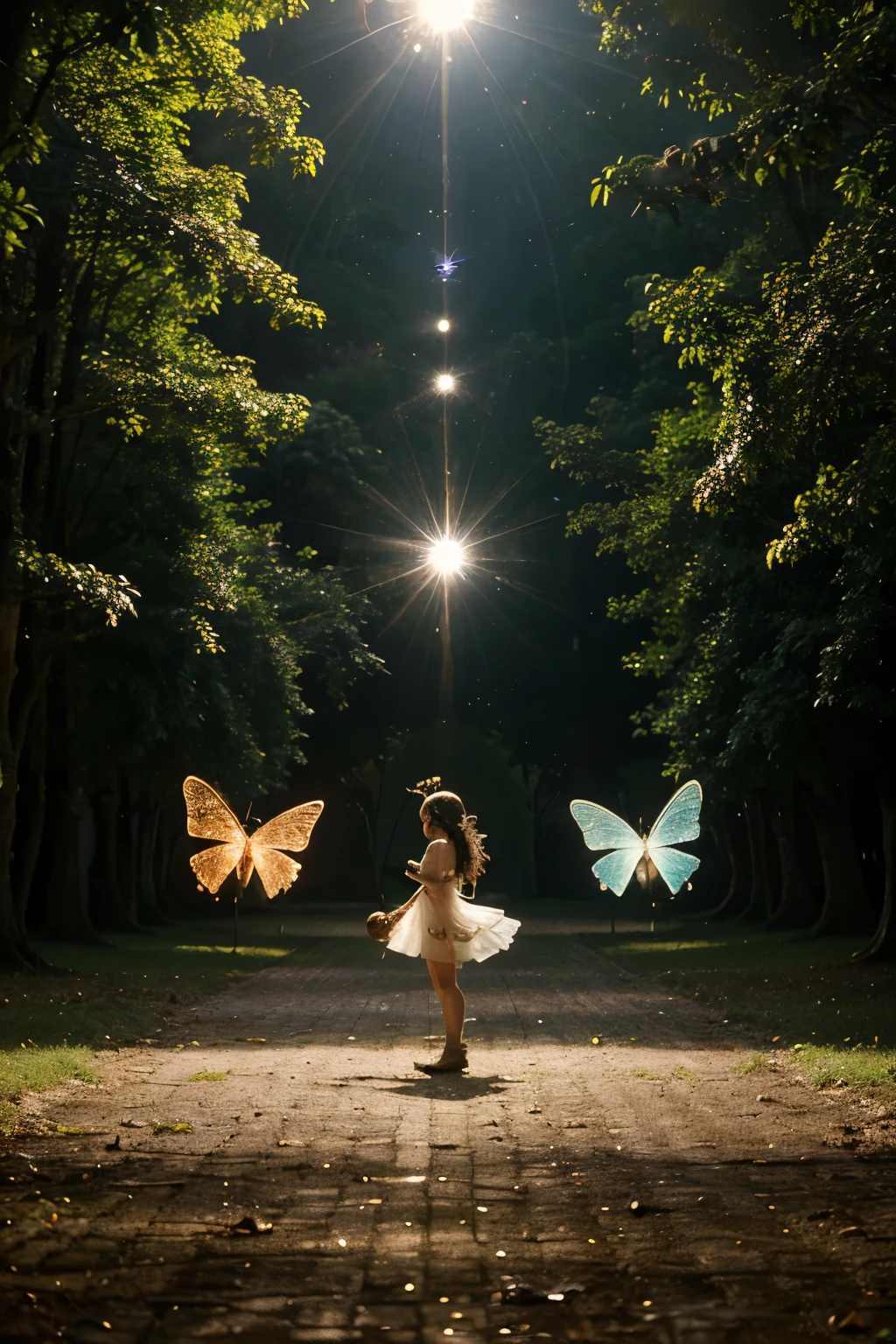 Fairies fly in circles, deixando rastros de luz cintilante pelo ar, Um vale encantado, lar das fadas, com cascatas