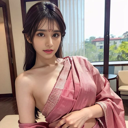 a indian woman in a pink sari posing for a picture, featured on instagram, seductive, angular, hot, sexy, juicy lips,