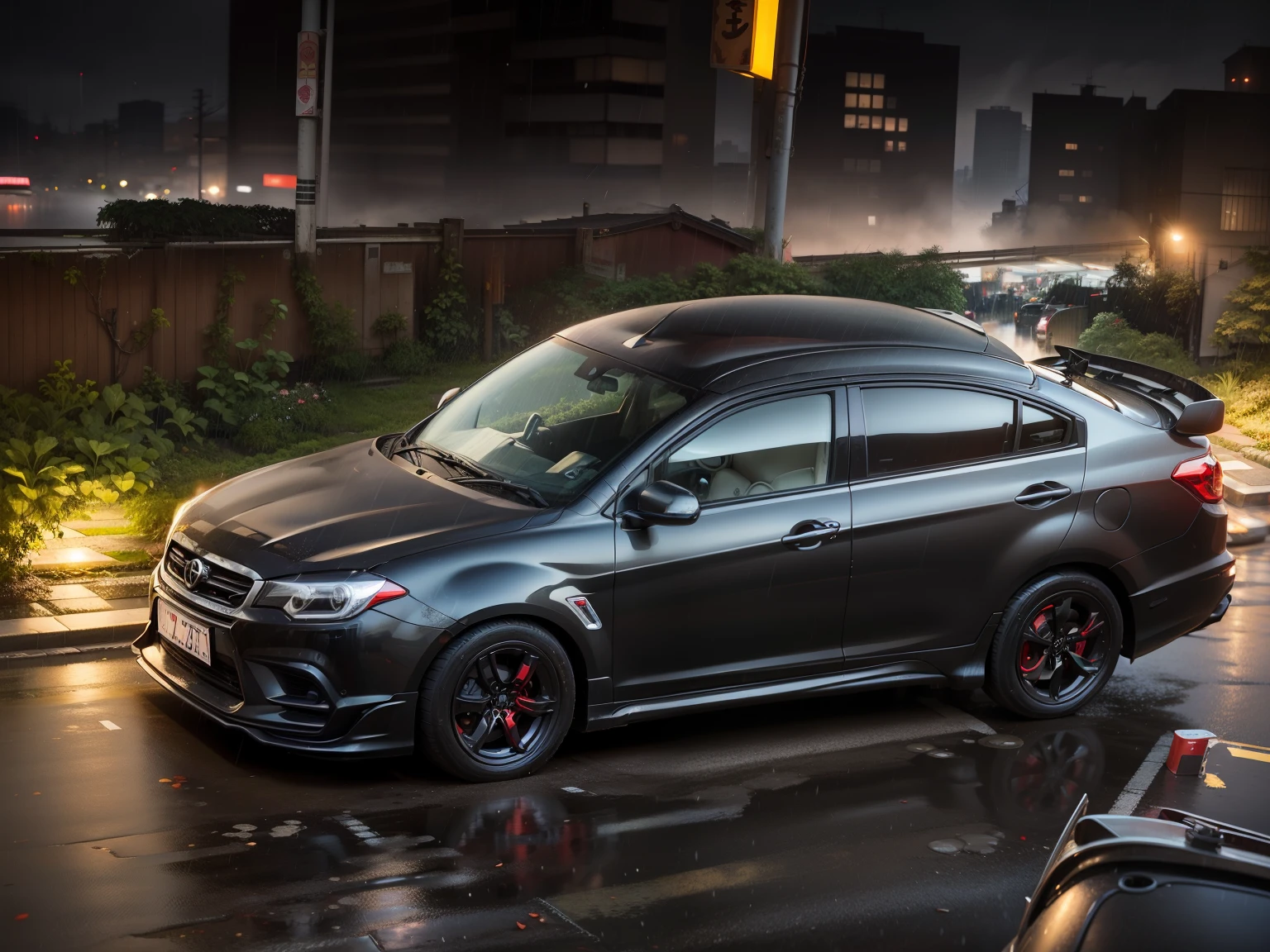 Red car, Change its background into Japan street, rain