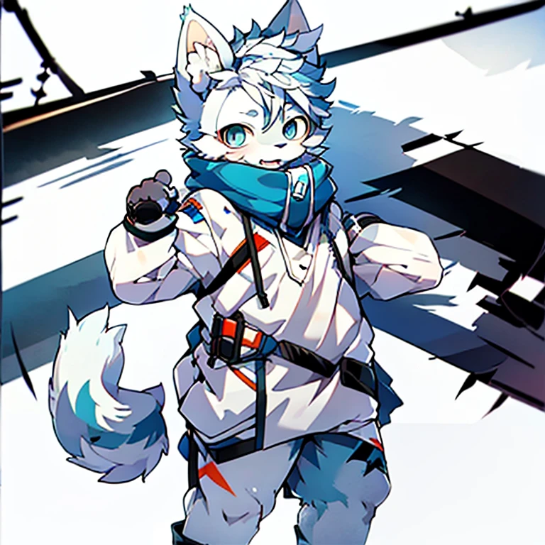 Furry white wolf ，There are dragon hornurry，Male white wolf，White fur，blue colored eyes，wearing a trenchcoat，British style