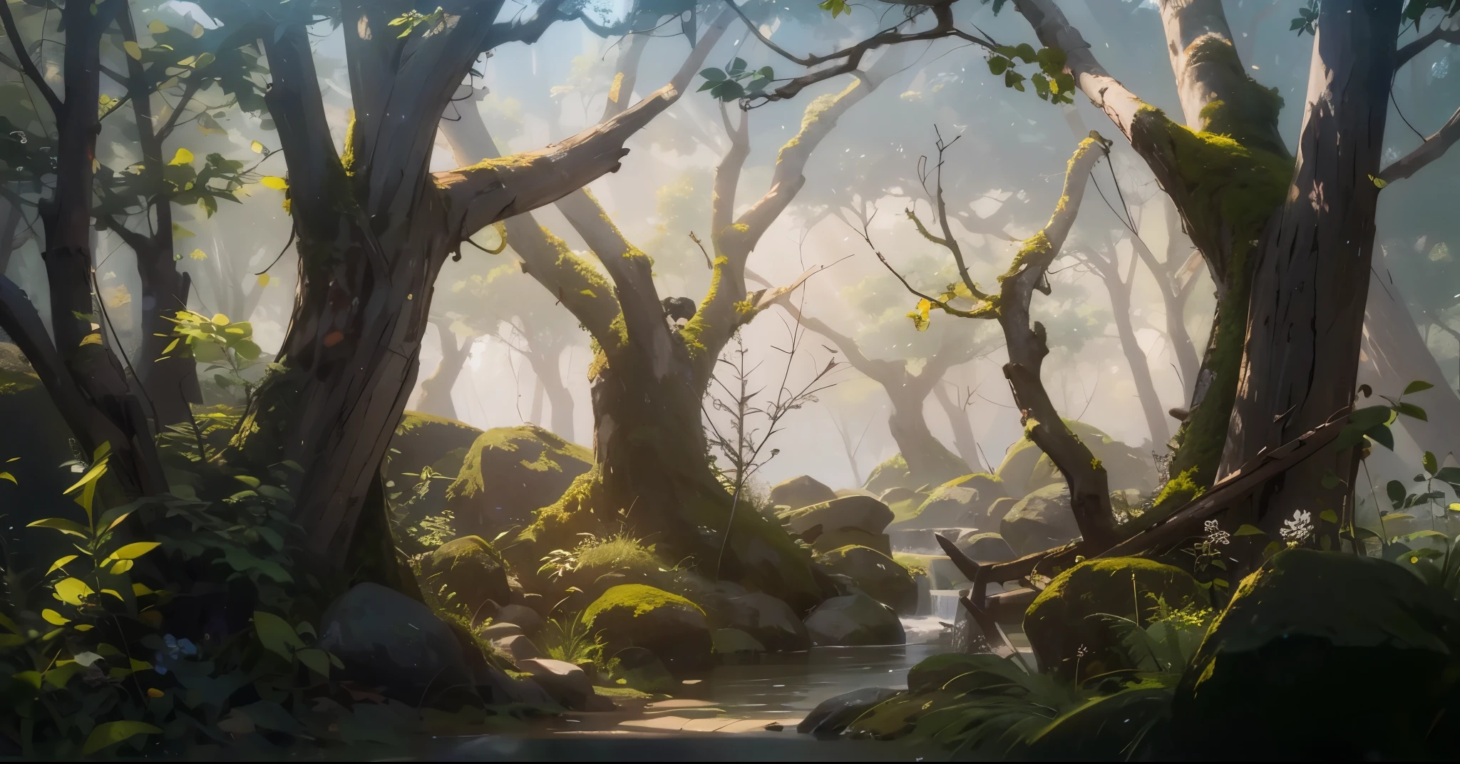 tmasterpiece, best qualtiy, 8k, ln the forest, 夏天, mid day, rays of sunshine, blue-sky, ssee-through, depth of fields, A high resolution, finedetail, ultra - detailed,((Dense foliage)),Moss grows on the stone,There are a lot of vines hanging down from the branches.,The following elements are highlighted:ln the forest应以平静而清晰的方式描绘,反射rays of sunshine。 The sun should be noticeable,Radiate light in the field。ln the forest周围的环境可能包含自然元素,Such as treelowers or mountains。 Use soft and harmonious colors to convey the tranquility of the scene。 Make sure the image is visually pleasing and conveys a sense of tranquility。