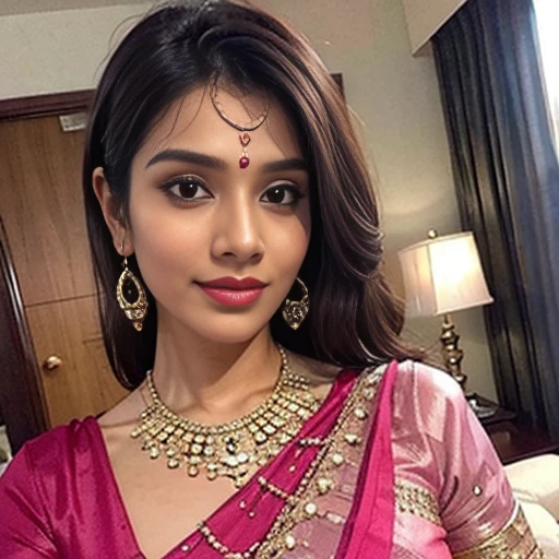 a indian woman in a pink sari posing for a picture, featured on instagram, seductive, angular, hot, sexy, juicy lips,