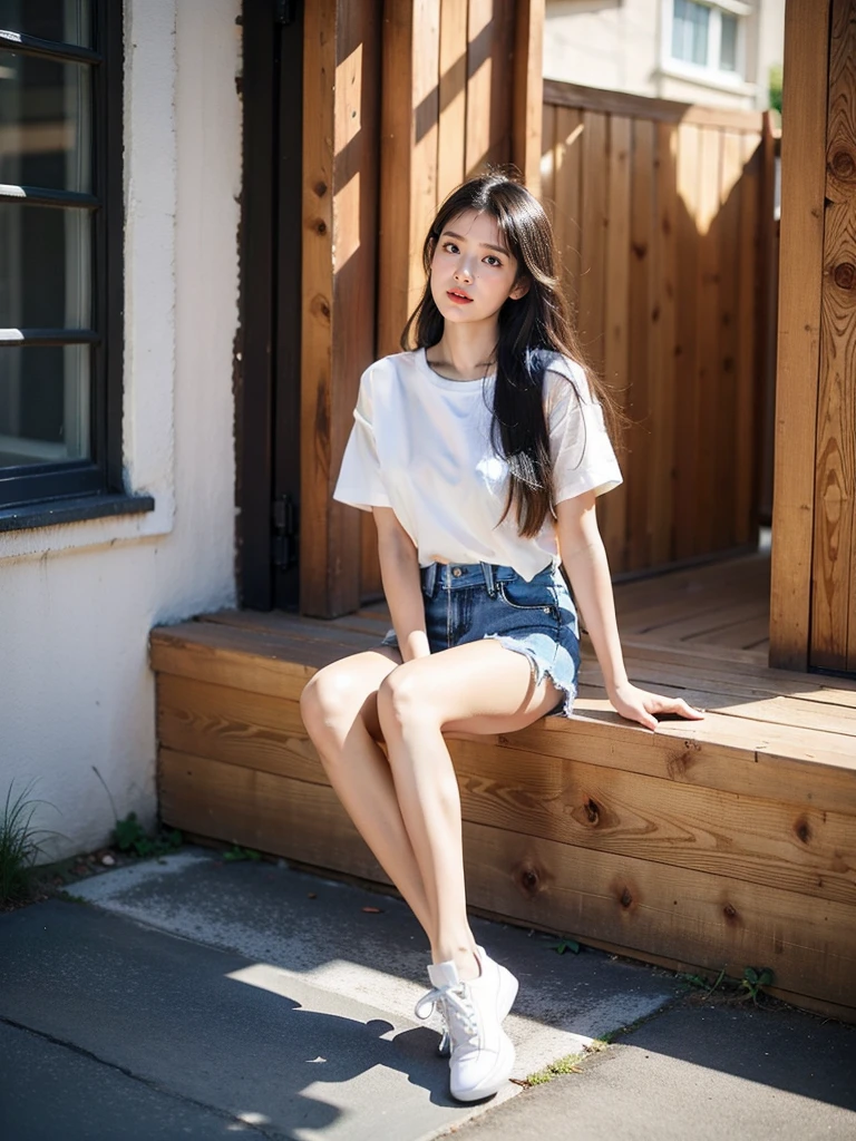 Japanese 18-year-old in a short skirt squatting
