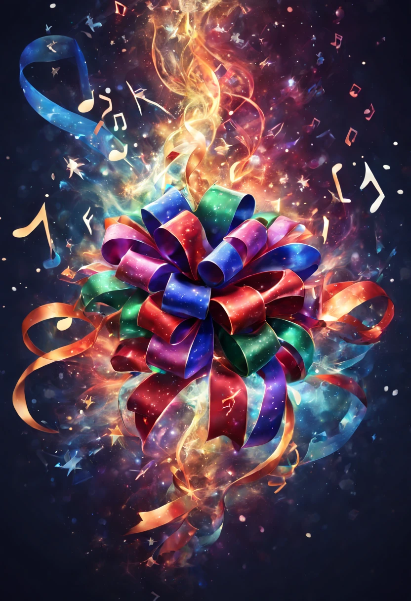 Insane illustration abstract christmas gift, christmas ribbon, In the style of eternal fantasy, Multiple musical notes around Christmas smoke, Artistic colors, The brilliance of countless star fragments, enhance, intricate, (best quality, masterpiece, Representative work, official art, Professional, unity 8k wallpaper:1.3)