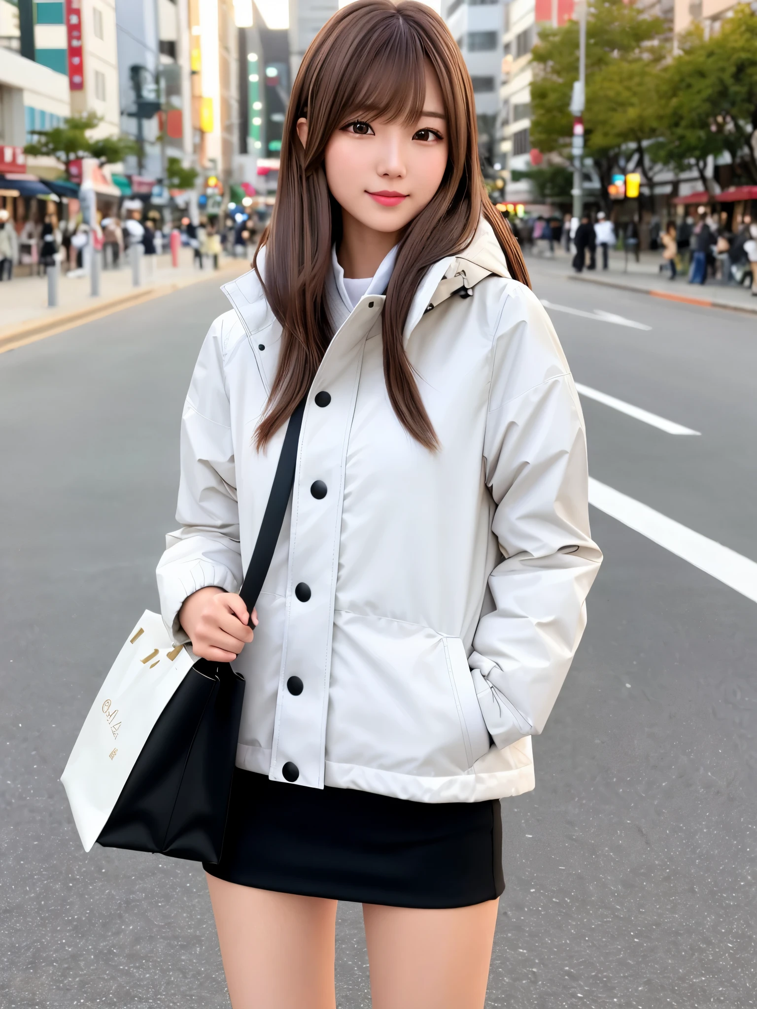 product quality, 1 girl, cowboy shot, front view, a Japanese young pretty girl, long bob hair, standing on a sea side pavement with a big smile in the city, white down parka over a black sweater, black miniskirt, a tote bag over her shoulder, hyper cute face, glossy lips, double eyelids for both eyes, natural makeup, shiny smooth light brown hair of long bob hair, asymmetrical bangs, high resolution, high detail, detailed hairstyle, detailed face, cinematic lighting, octane rendering, hyper realistic, perfect limbs, perfect anatomy