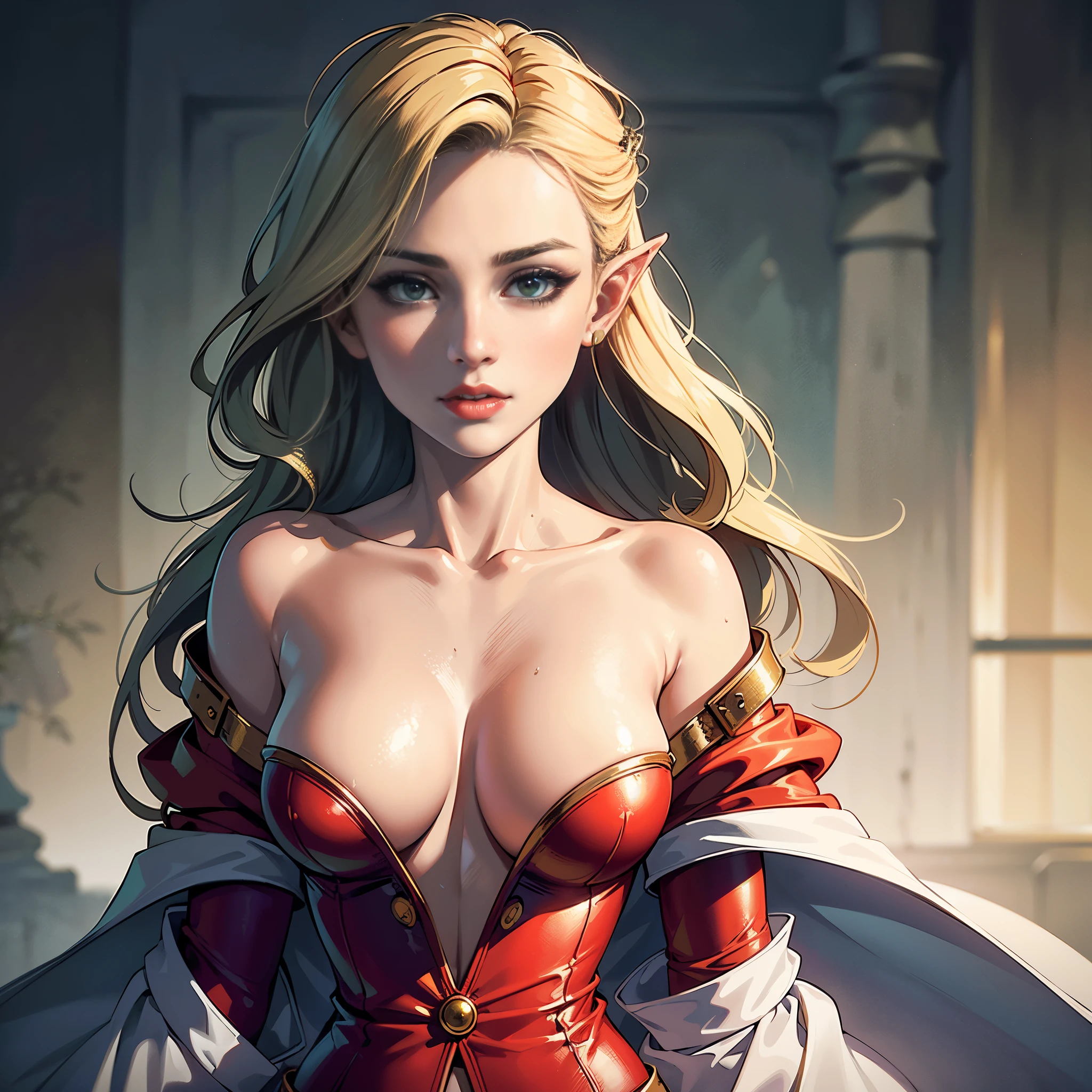 ((Quality: masterpiece, best quality, UHD, anatomically correct, photo realism, textured and detailed skin, skin pores, skin imperfections, textured and detailed hair, dramatic lighting, high contrasting light and shadows, complimentary colours, 1 solo woman)), inspired by a festive christmas at the north pole, snow, , elf helper, santa, white, red, gold, green