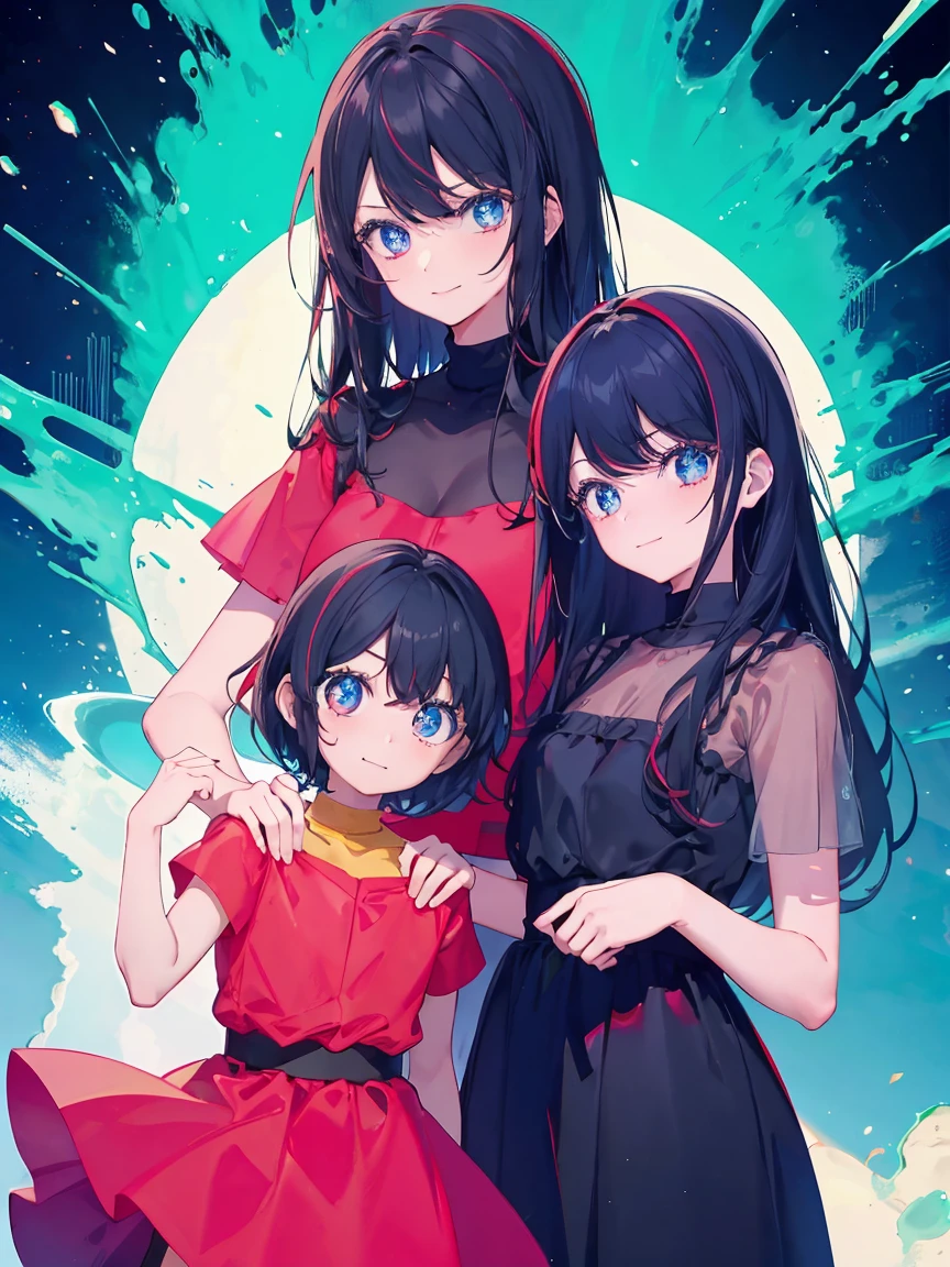 A blong girl and green eyes wearing a red dress with a smal kid with black hair and blue eyes wearing shirt and short both white looking at the viewer smiling