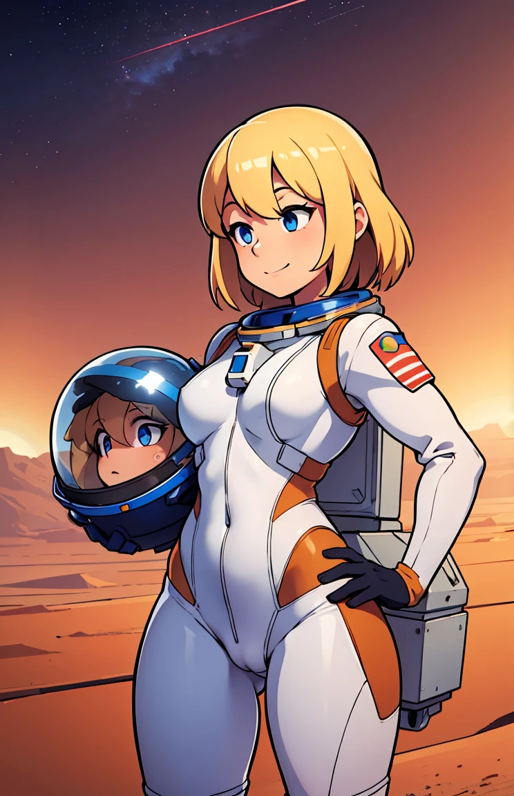 high res, 1girl, mature female, halfbody, blonde hair, medium hair, blue eyes, official astronaut suit unit, oxygen backpack, (astronaut helmet:1.0), outside on the surface of mars, canyons and desert,  beautiful background, perfect eyes, profiles, dynamic pose, zero gravity, red sky, cirrus clouds, sharp thick outlines, sense of awe, epic, light smile, deep ????????, wide ????,