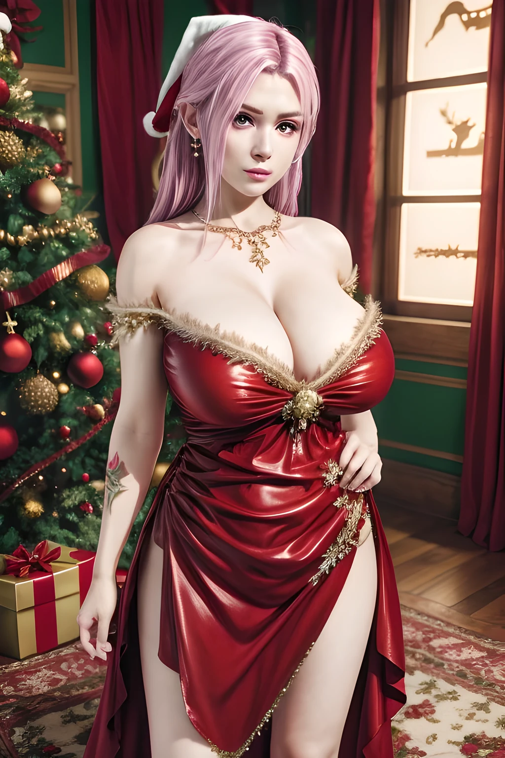 1个Giant Breast Girl,Elise, (Christmas dresses),jewely,fashionably_Tattooed with,鎖骨,gigantic cleavage breasts,tmasterpiece, Best Picture Quality,of a real, Detailed pubic hair,8K,number art,Detailed pubic hair头发,full bodyesbian,