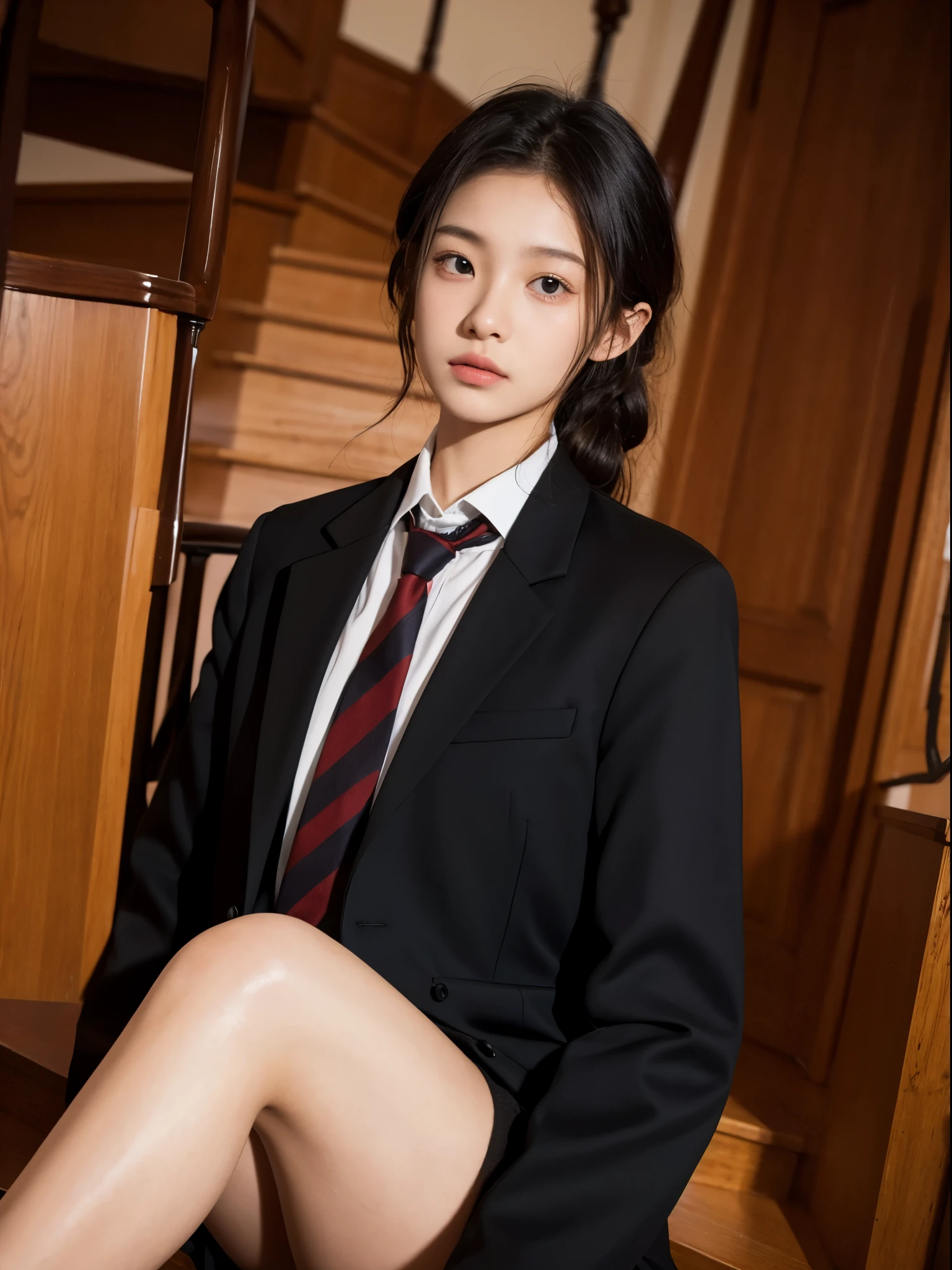 boy, 17 y.o, comma hair, suit, tie, staircase