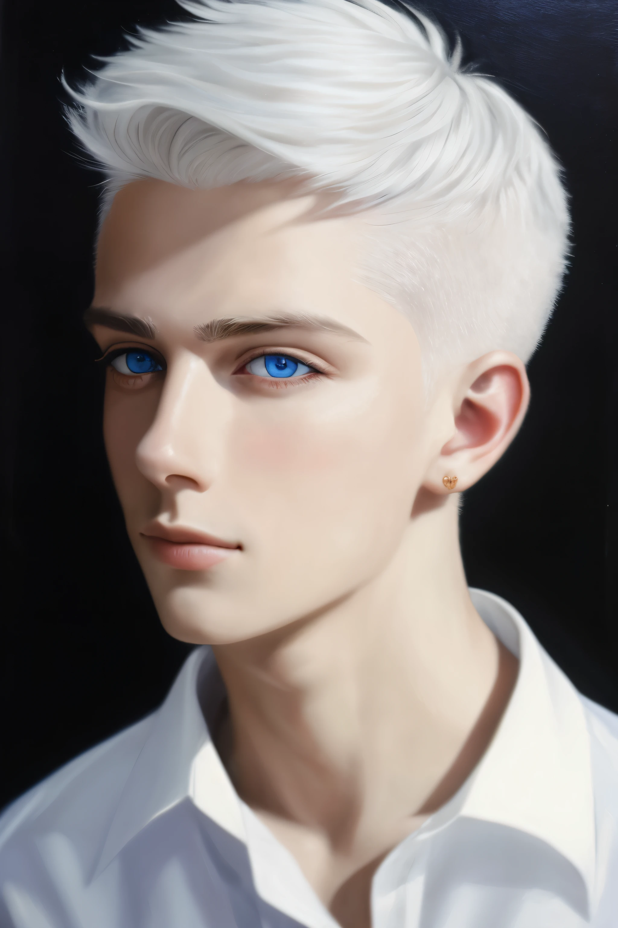 20 year old handsome man,OilPaintStyle,eBlue eyes,Short gray hair,White-colored skin,white shirt,posing elegantly,with black background,high high quality,4K,k hd,exquisite detailing,Rich cleavage