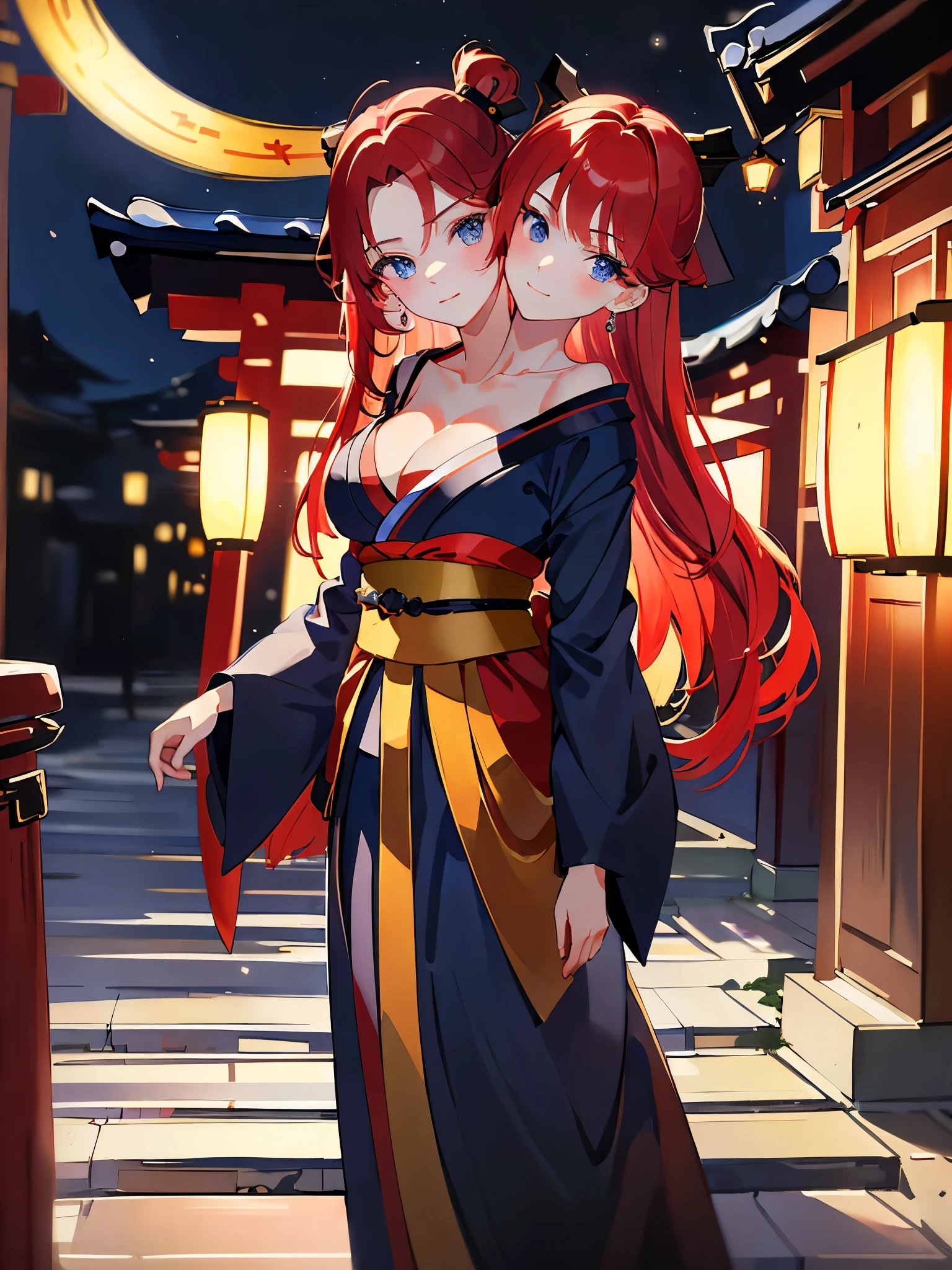 (masterpiece, best quality), best resolution, (2heads:1.5), 1girl, red hair, curious expression, blue eyes, black kimono with red sash, torii gate at night, cowboy shot