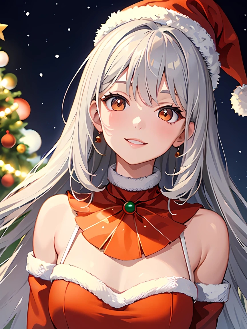 masterpiece, best quality, 1 girl, gray hair, orange eyes, smile, xmas background, xmas tree, outdoors, (upper body:1.3), night, presents, santa hat