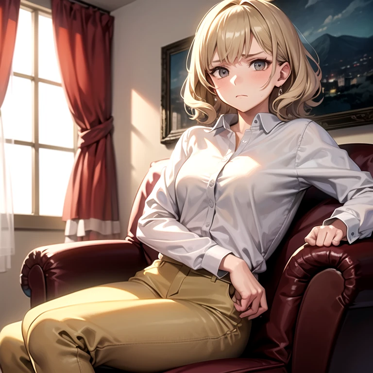 masterpiece, best quality, 1girl, solo, (old woman), wavy hair, short hair, white shirt, long sleeves, beige pants, sitting, couch, living room, frown