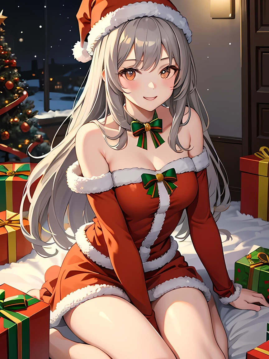 masterpiece, best quality, 1 girl, gray hair, orange eyes, smile, xmas background, xmas tree, indoors, (night:1.4), presents, santa hat
