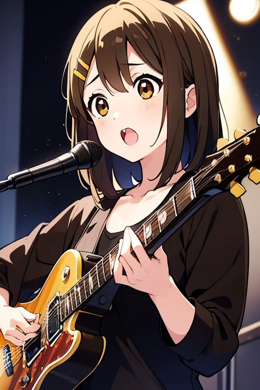 Yuihirasawa, Yui Hirasawa, (Brown eyes:1.5), Brown hair, Hair Ornament, hair clips, Medium Hair, (flat chest:1.2), Black T-shirt，pleatedskirt，black pantyhose king，lowfers，electric guitars，gymnasium stage(masutepiece:1.2), Best Quality, High resolution, Unity 8k壁纸, (Illustration:0.8), (Beautiful detailed eyes:1.6), extra detailed face, Perfect Lighting, extremely details CG, (Perfect hands, Perfect Anatomy),Rock Band Concert, Musical instrument performance, Stage Performance, hot air,
