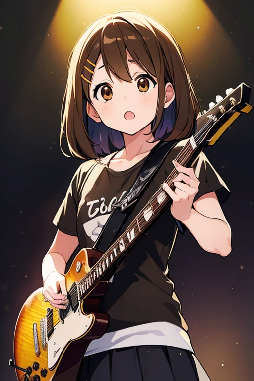 Yuihirasawa, Yui Hirasawa, (Brown eyes:1.5), Brown hair, Hair Ornament, hair clips, Medium Hair, (flat chest:1.2), Black T-shirt,pleatedskirt,black pantyhose king,lowfers,electric guitars,gymnasium stage(masutepiece:1.2), Best Quality, High resolution, Unity 8k壁纸, (Illustration:0.8), (Beautiful detailed eyes:1.6), extra detailed face, Perfect Lighting, extremely details CG, (Perfect hands, Perfect Anatomy),Rock Band Concert, Musical instrument performance, Stage Performance, hot air,