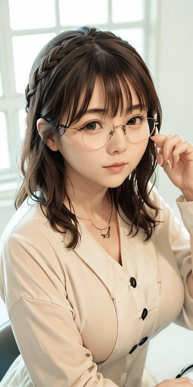 Top image quality、136), (breasted:1.46), (l boobs ipst boobs ,Round face、round glaceride、with round face、beautiful woman in round glasses、30-years old、bbw、with round faceの美しさ、Crisp eyes、with round face、Tanuki face、Lashes long、(wears glasses,Round glasses、round glazed braids、with round face、black mole between eyebrows、w boobs ideas,Atol Oppa Library), (beautiful flower boobs、