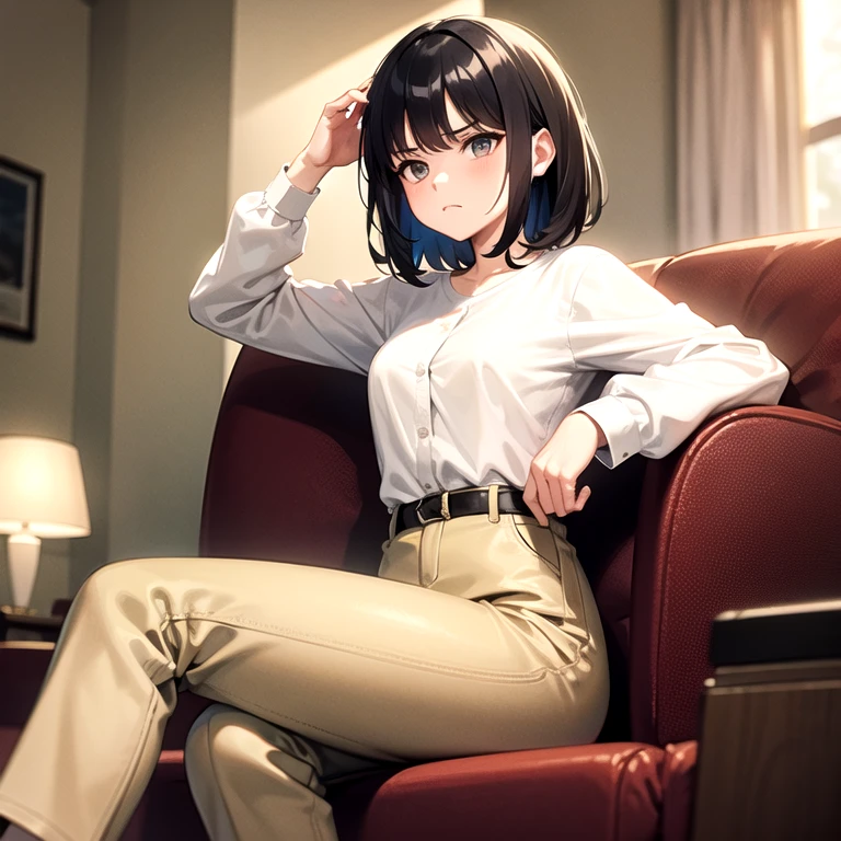 masterpiece, best quality, 1girl, solo, old, old woman, wavy hair, short hair, white shirt, long sleeves, beige pants, sitting, couch, living room, frown