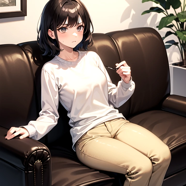 masterpiece, best quality, 1girl, solo, old, old woman, wavy hair, short hair, white shirt, long sleeves, beige pants, sitting, couch, living room, frown