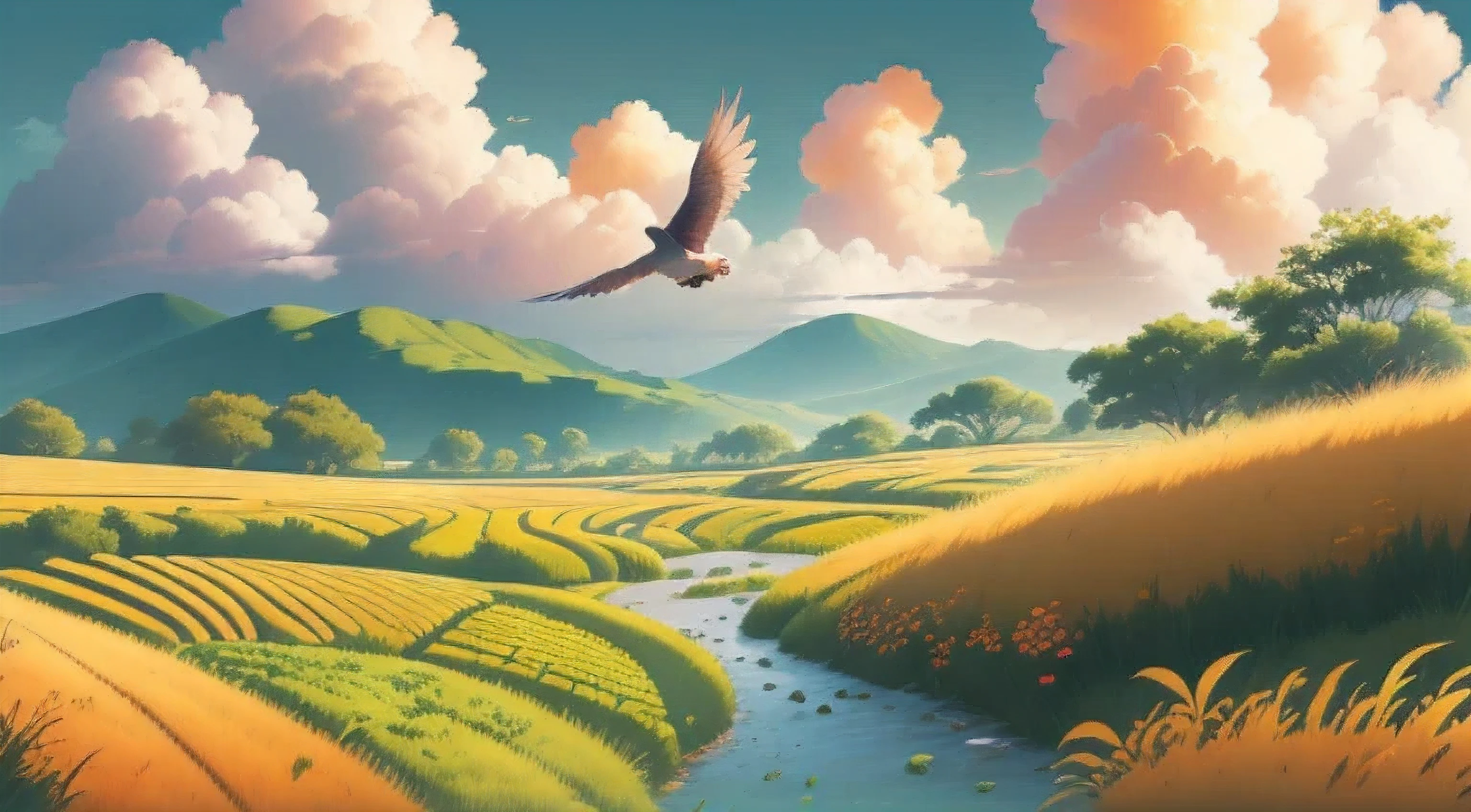 tmasterpiece, Best quality, (very detailed CG unit 8k wallpaper) (Best quality), (Best Best Illustration), (The best shadow), Endless golden rice fields, with blue sky and white clouds,cross the creek, There are several swallows flying in the sky, Beautiful setting, ultra - detailed, , Impressionistic style