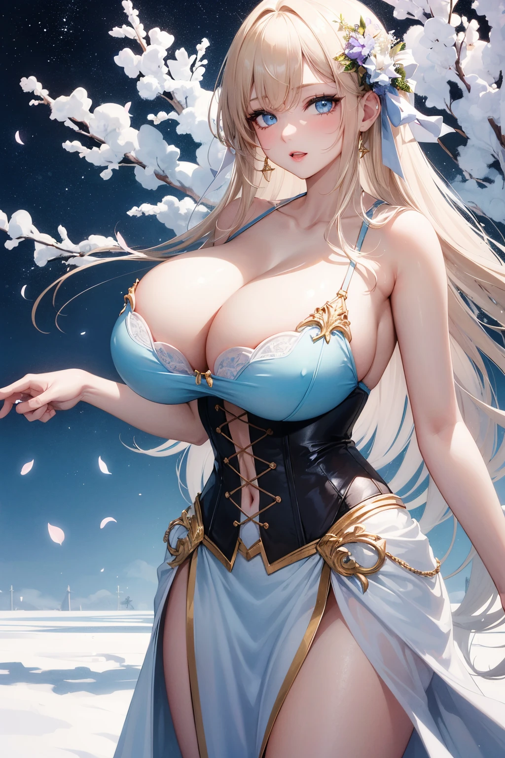 下蹲,(absurd res, A high resolution, ultra - detailed, hyper HD, Cinematic), Alone, 1个Giant Breast Girl, mature, Happy,hime cut,long hair,blue eyes, (huge breasts:1.6),cleavage, collarbone, bare shoulders,armbands,(corset dress), girl standing in light blues flower field, light blues flower petal surrounding girl, full bodyesbian, gold long-haired girl, light gold hair, fanciful, dream-like, Snowy Land, offcial art, trending art, contours, ultra - detailed face, ultra - detailed eyes, light blues flower field, ultra - detailed field, The white blue sky, Cold, light blues, The white,  Nebula in the sky, blue tree, aquarelle, pastel colour