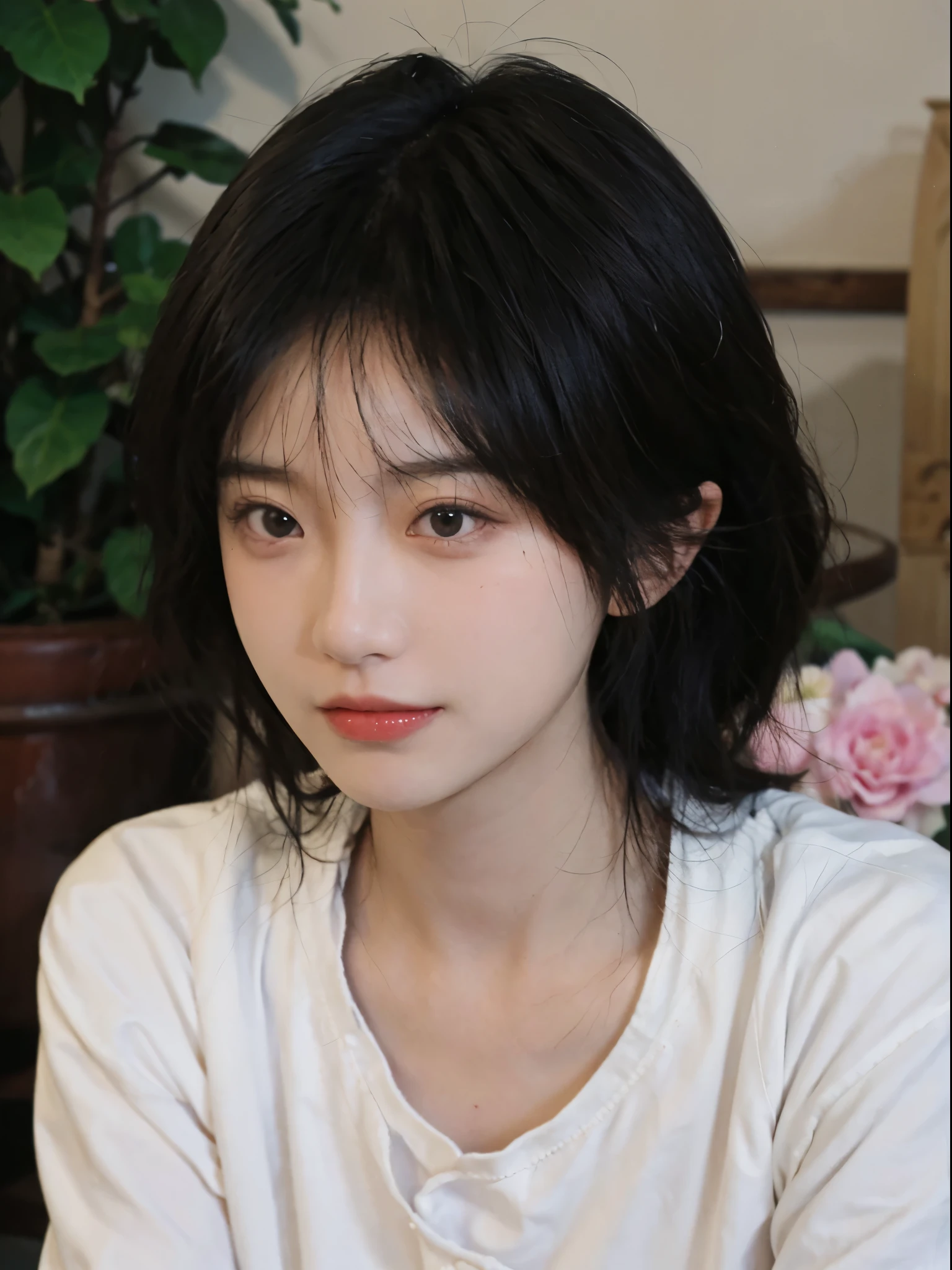 Best quality， 超高分辨率， （realistically：1.4），There is a woman wearing a sweater and a white shirt, 年轻Cute Korean face, 有着Cute and delicate face蛋, a cute young woman, she has a cute face, ruffled flower collar, Cute Korean face, pale milky white porcelain skin, wearing collar on neck, Cute and delicate face, ulzzangs, thick collar, Baiji haircut hairstyle