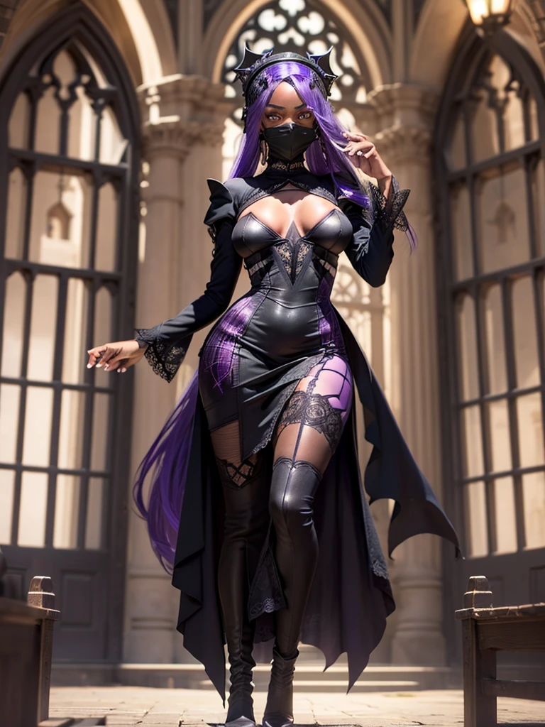 A african-american young woman, grey eyes, very long black with purple hair that's covered in a black veil, highly detailed, full-body, gothic church in background, photorealistic, digital art, wearing a long black dress with long sleeves and white cuffs on wrists and neck, wearing tall high-heeld boots, wearing a black face mask, doing different prayer poses