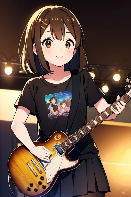 Yuihirasawa, Yui Hirasawa, (Brown eyes:1.5), Brown hair, Hair Ornament, hair clips, Medium Hair, (flat chest:1.2), Black T-shirt，pleatedskirt，black pantyhose king，lowfers，electric guitars，gymnasium stage(masutepiece:1.2), Best Quality, High resolution, Unity 8k壁纸, (Illustration:0.8), (Beautiful detailed eyes:1.6), extra detailed face, Perfect Lighting, extremely details CG, (Perfect hands, Perfect Anatomy),Rock Band Concert, Musical instrument performance, Stage Performance, hot air,Happy atmosphere、a smile