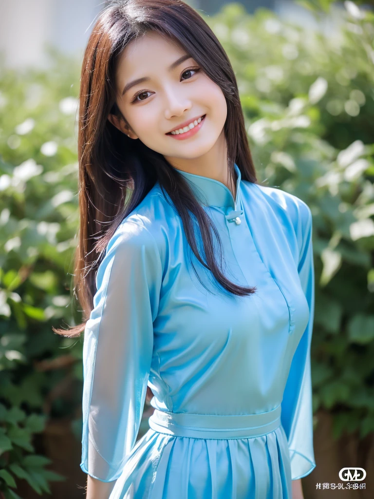 sky blue silk aodai, Vietnamese girl, smile , long silky hair, Realistic lighting, delicate face, Body perfect anatomy,Top Quality, 8K Resolution , full body , realistic , real human , High quality, realistic , Cinematic, Aesthetic, beautiful girl,