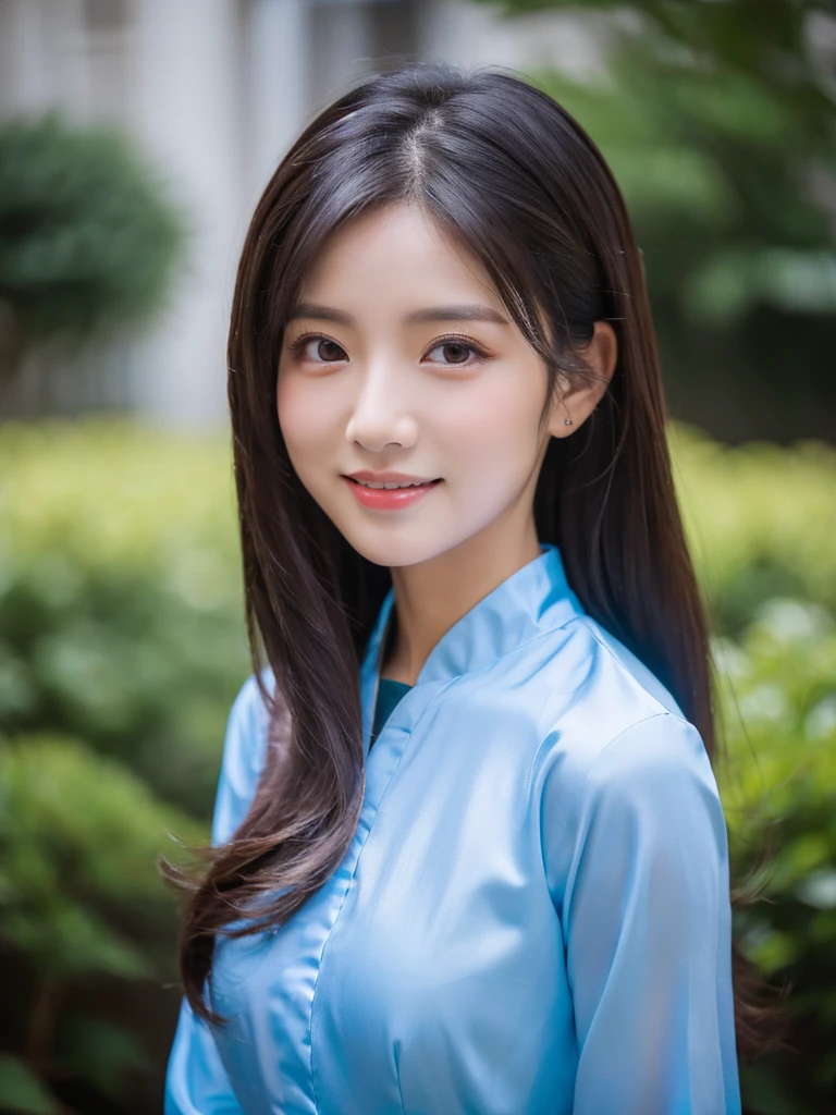 sky blue silk aodai, Vietnamese girl, smile , long silky hair, Realistic lighting, delicate face, Body perfect anatomy,Top Quality, 8K Resolution , full body , realistic , real human , High quality, realistic , Cinematic, Aesthetic, beautiful girl,