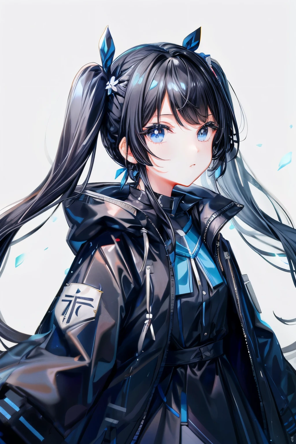 girl,Twintail,black colored hair,Black eyes,Dress、light blue eyes