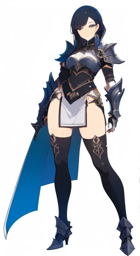 (((Best Quality))) , ((full body)), female, reference sheet, solo, (white background), holding sword, gauntlets, armored dress, thigh high, side slit, loin cloth,
