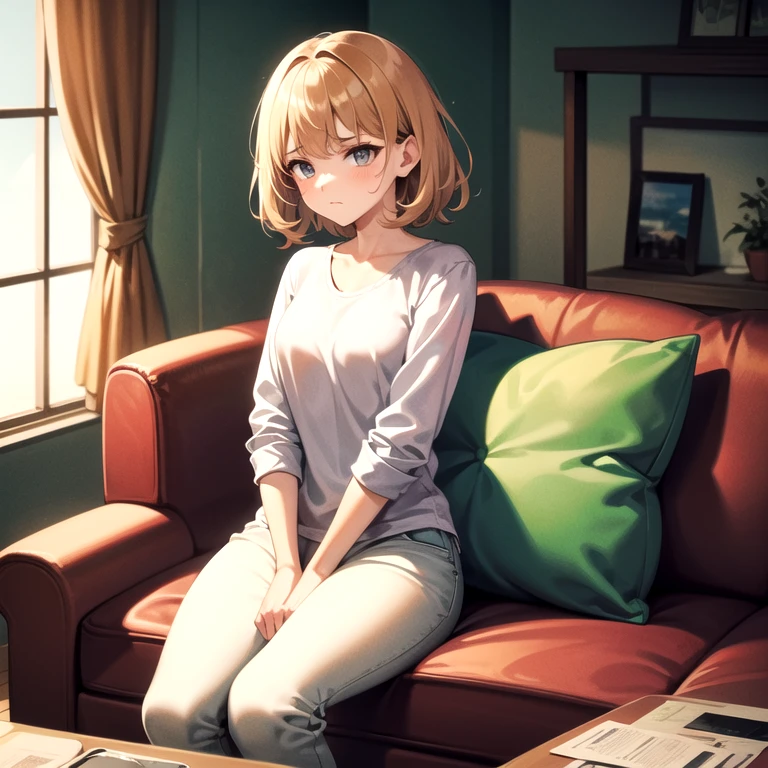 masterpiece, best quality, 1girl, solo, old, old woman, wrinkled skin, wavy hair, short hair, white shirt, long sleeves, beige pants, sitting, couch, living room, frown