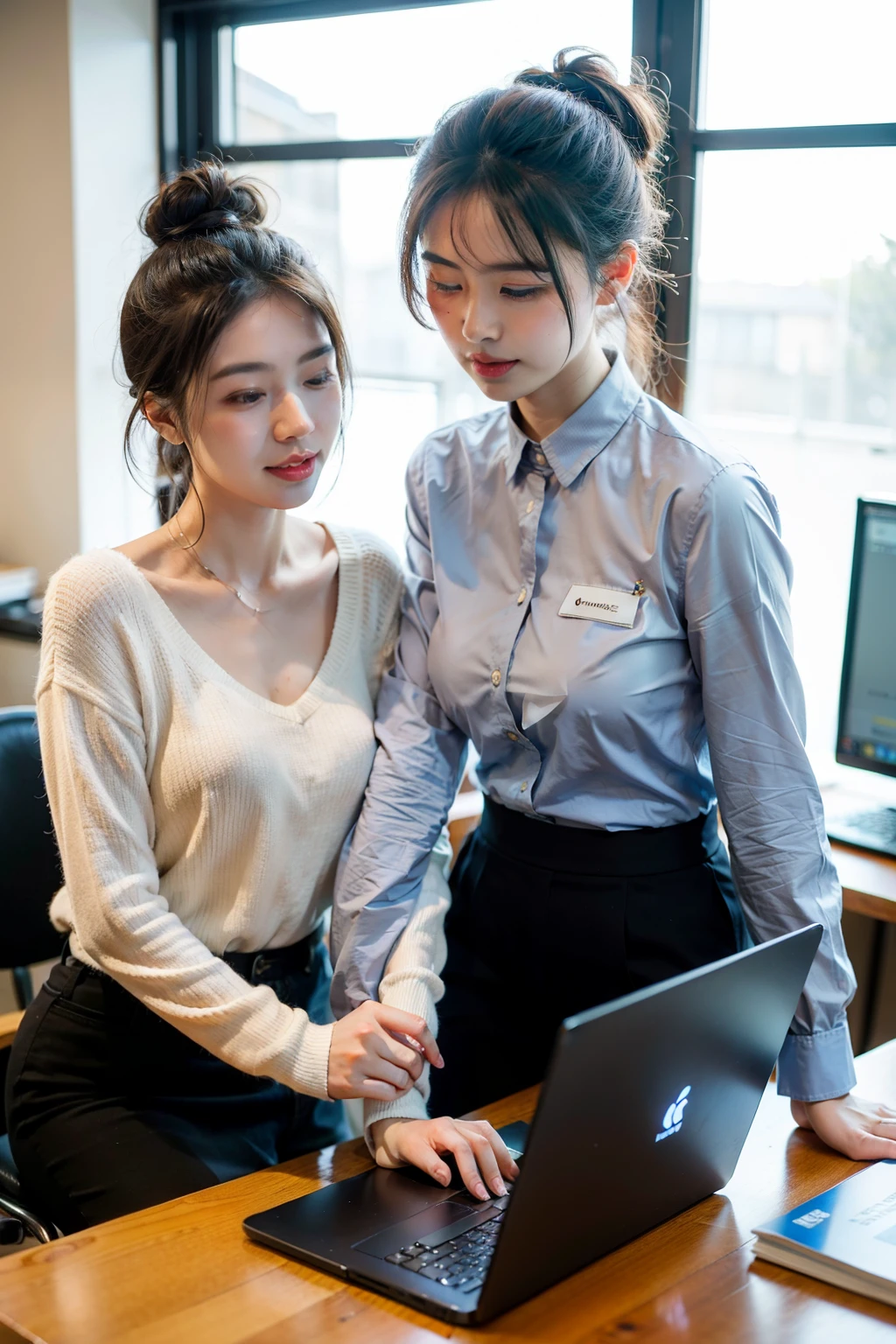 ((Best quality at best)), ((tmasterpiece)), (Detailed pubic hair), The background is in the office,natural classic face,Two people are discussing work,Computer,The mouth is talking,long sleeve work uniform,Hair tied up,中景 the scene is