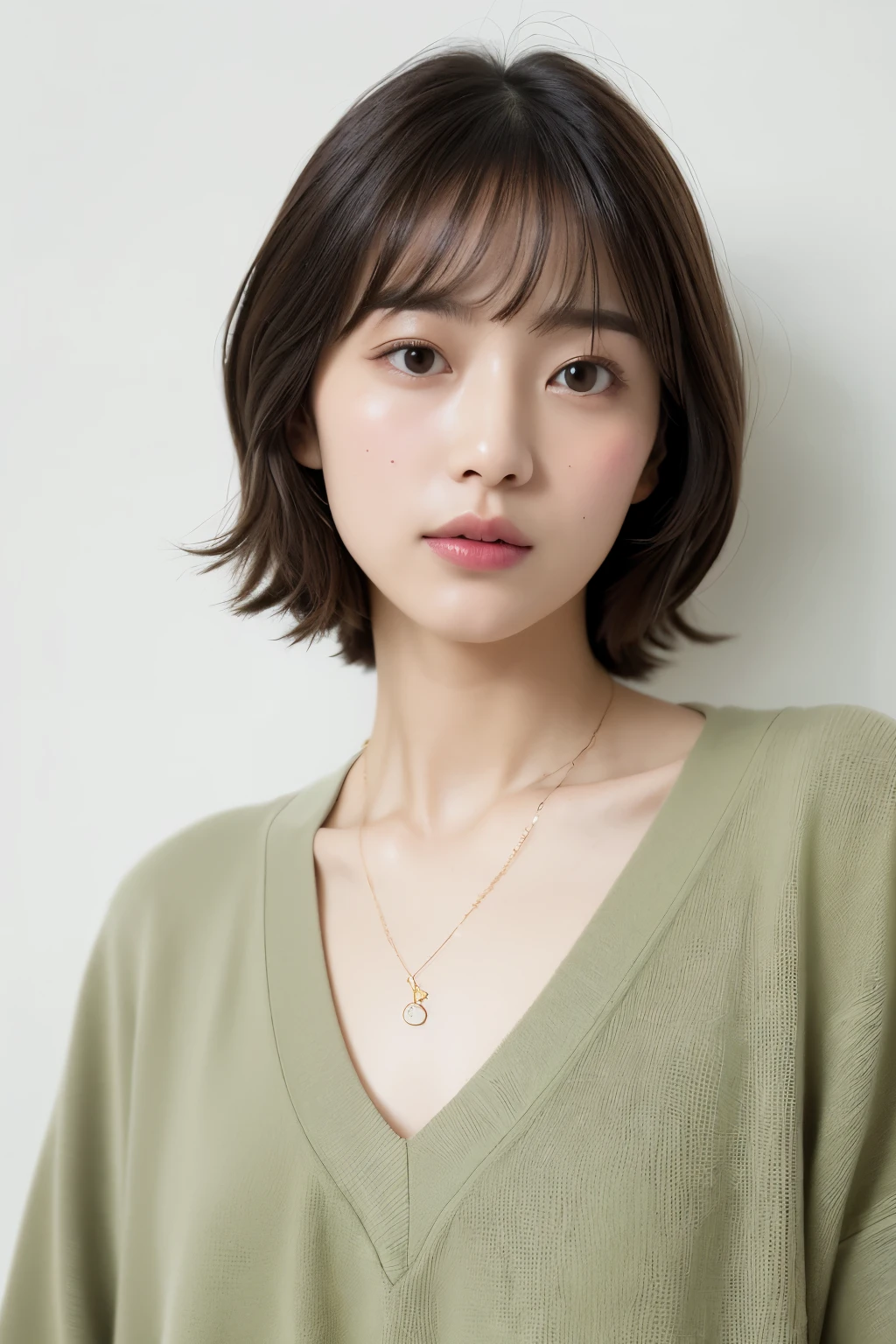 (top-quality、8K、32K、masterpiece、nffsw:1.2)、cute little日本人女性の写真、large full breasts、very short bobbed hair、The upper part of the body、sface focus、Oversized_Sweaters、a necklace、simple background、From above、looking at the viewers、mix4、(8K、Raw photography、top-quality、masterpiece:1.2)、(realisitic、Photorealsitic:1.37)、1girl in、cute little、profetional lighting、photon maping、physically-based renderingt、Gradient Brunette Hair、short curly hair、a handsome、Girly、superior image quality、hight resolution、1080p、(Clear face)、(Detailed face description)、(Detailed hand description)、(masuter piece)、(Exquisite CG)、 extreme light and shadows、hair messy、masterpiece、lush detail、(Exquisite facial features)、(The highest image quality)、(masterpiece)、(A detailed eye)、Looking forward to your eyes、Delicate collarbones、Poses variadas、don't watch mela、profile、white walls、Taken in front of the white door、(窓のあるwhite wallsの部屋)、Autumn clothes、Winter clothes、シンプルa necklace、Yellow-green jacket
