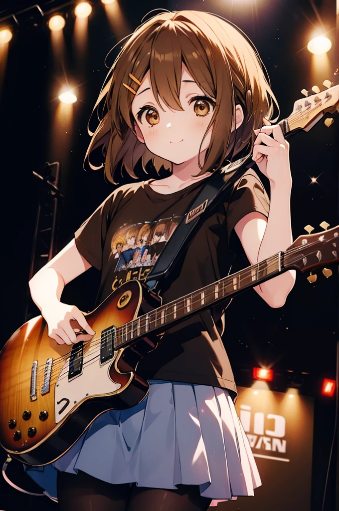 Yuihirasawa, Yui Hirasawa, (Brown eyes:1.5), Brown hair, Hair Ornament, hair clips, Medium Hair, (flat chest:1.2), Black T-shirt,pleatedskirt,black pantyhose king,lowfers,electric guitars,gymnasium stage(masutepiece:1.2), Best Quality, High resolution, Unity 8k壁纸, (Illustration:0.8), (Beautiful detailed eyes:1.6), extra detailed face, Perfect Lighting, extremely details CG, (Perfect hands, Perfect Anatomy),Rock Band Concert, Musical instrument performance, Stage Performance, hot air,Happy atmosphere、a smile