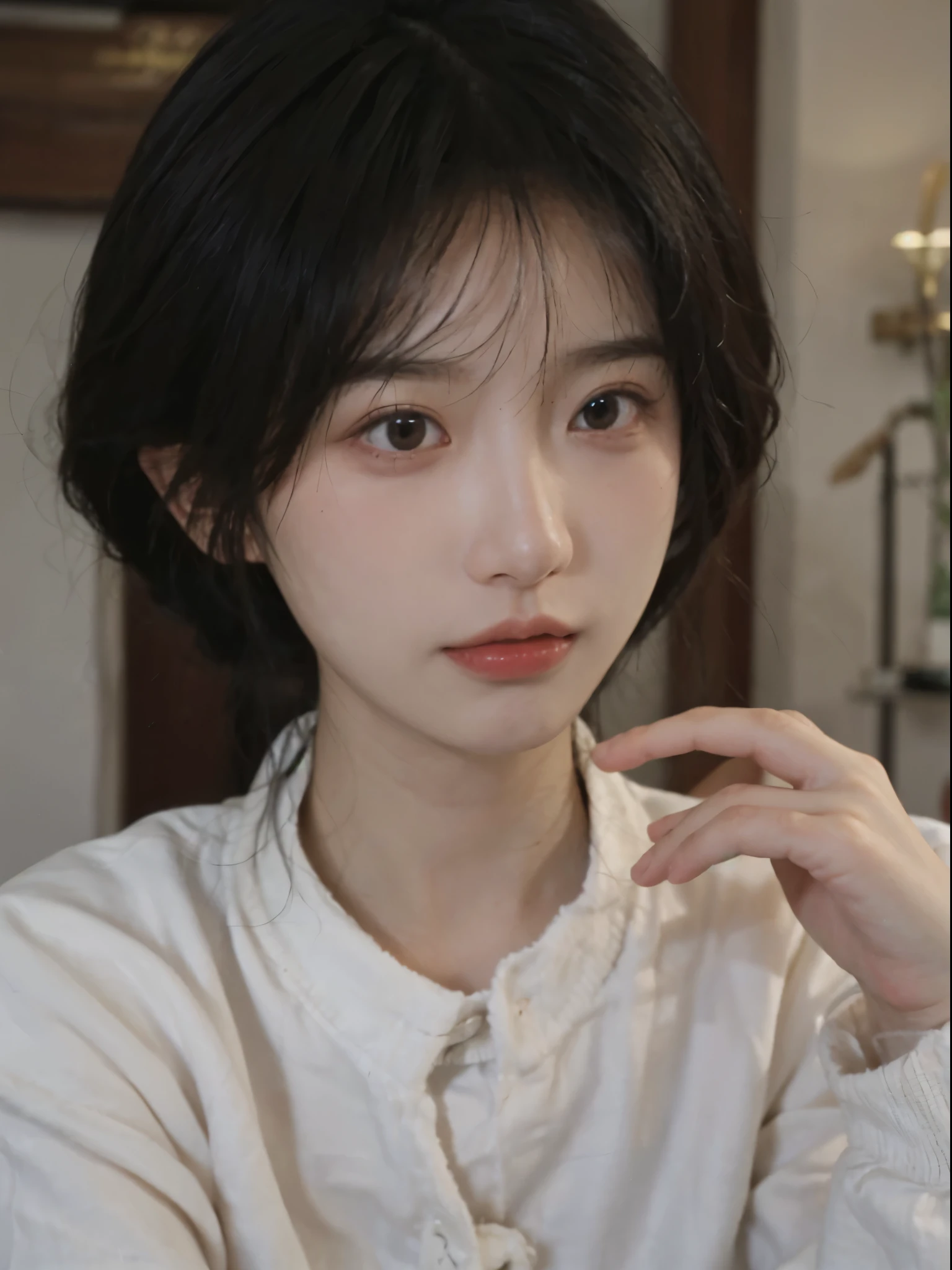 Best quality, 超高分辨率, (realistically:1.4),There is a woman wearing a sweater and a white shirt, 年轻Cute Korean face, 有着Cute and delicate face蛋, a cute young woman, she has a cute face, Cute Korean face, pale milky white porcelain skin, wearing collar on neck, Cute and delicate face, ulzzangs, thick collar, Baiji haircut hairstyle