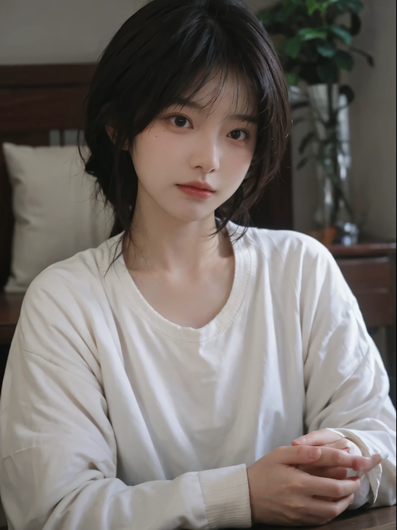 Best quality, 超高分辨率, (realistically:1.4),There is a woman wearing a sweater and a white shirt, 年轻Cute Korean face, 有着Cute and delicate face蛋, a cute young woman, she has a cute face, Cute Korean face, pale milky white porcelain skin, wearing collar on neck, Cute and delicate face, ulzzangs, thick collar, Baiji haircut hairstyle