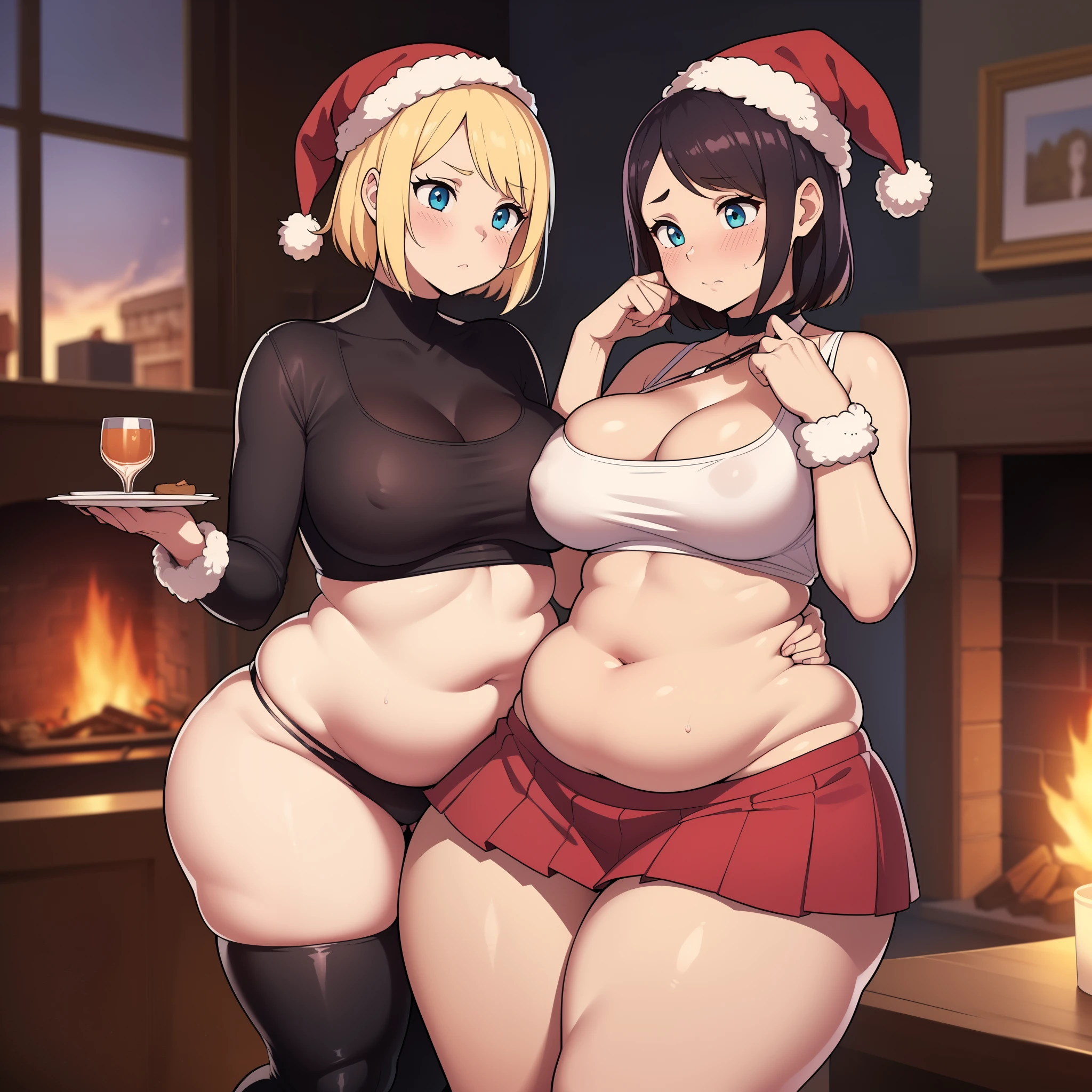((Masterpiece)), perfect anatomy, perfect shading, field of depth, (best quality), extremely delicate and beautiful, perfect lighting, detailed face, ultra cute face, cute, (cowboy shot 1.2), full body, (((2girls))), ((2 girls 1 and 2))
Girl 1: has long hair, fluffy hair, blonde hair, blue eyes, ((blush)), (embarrassed), extremely tight clothes, medium breasts, cleavage, perky breasts, ((wide hips)), (thick thighs), ((chubby)), pudgy belly, fat rolls, belly hang,
Girl 2: has short hair, fluffy hair, brown hair, green eyes, ((blush)), worried, chocker, extremely tight clothes, medium breasts, cleavage, perky breasts, (((wide hips))), ((thick thighs)), ((big butt)), ((plump)), chubby belly, fat rolls, belly hang, she has a jiggly belly,
living room, fire place, intricate background, detailed background, girls are standing next to each other, santa hat, (crop top 1.5), (red short skirt 1.5), holding plate of cookies,