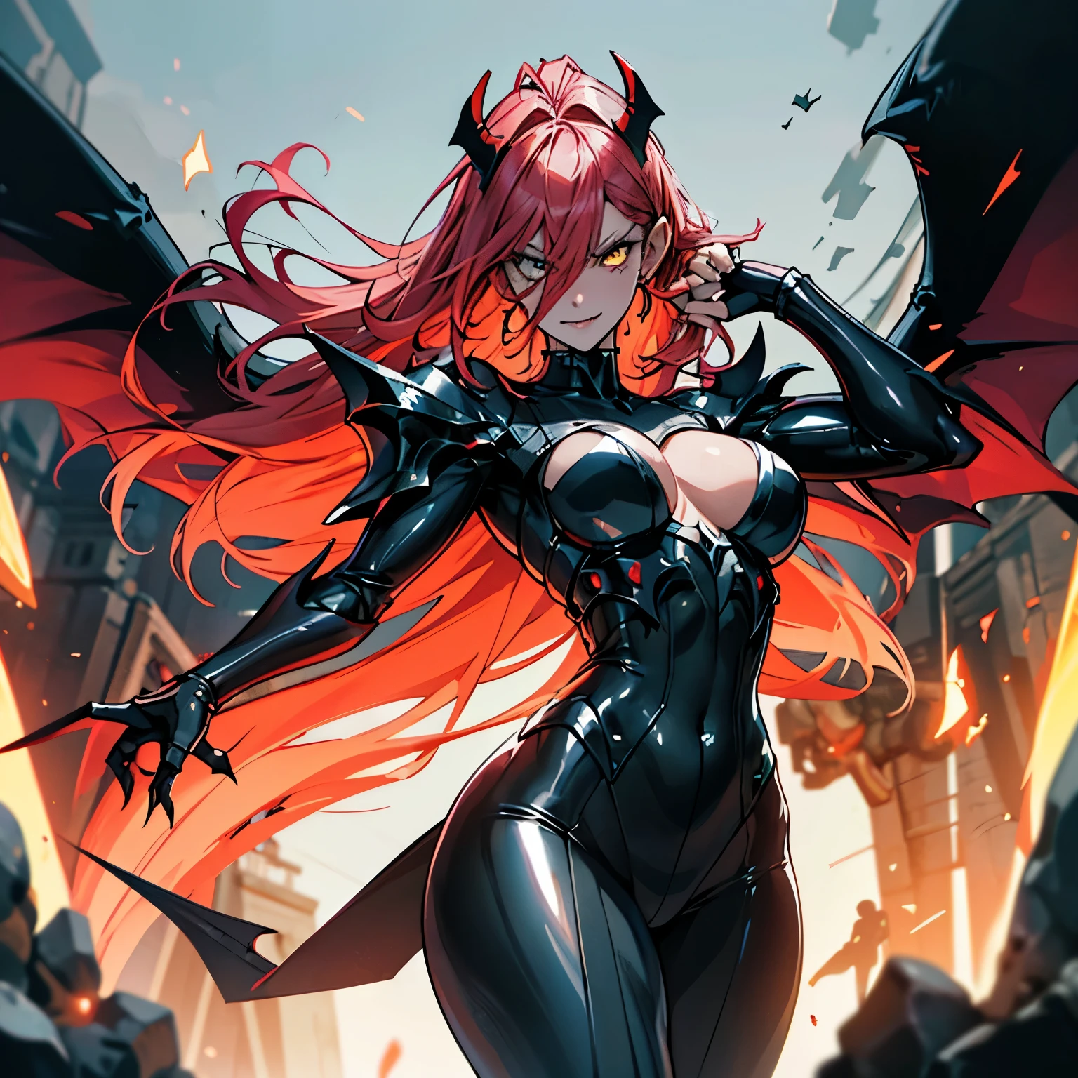 (Cyberpunk Demon waifu), (high resolution), (high res), great quality, mature, very angry face, long fangs, diamond face, perfect eyes, demon tail, wings, strong shadows, (neon light), neon, naked, detailed face, sparks, gargolyes background, hell, night, (attacking), detailed abs, scars, shinying eyes, war pose, long claws, (masterpiece), direct light, underlight, strong jaw, golden sky, large boobs, (Demonic queen), (lewd armor), (no clothes) massive ass, thick thighs, long torso, wide waist, skinny torso, fit, perfect face, (skimpy armor), (colorful vibrant light), futuristic