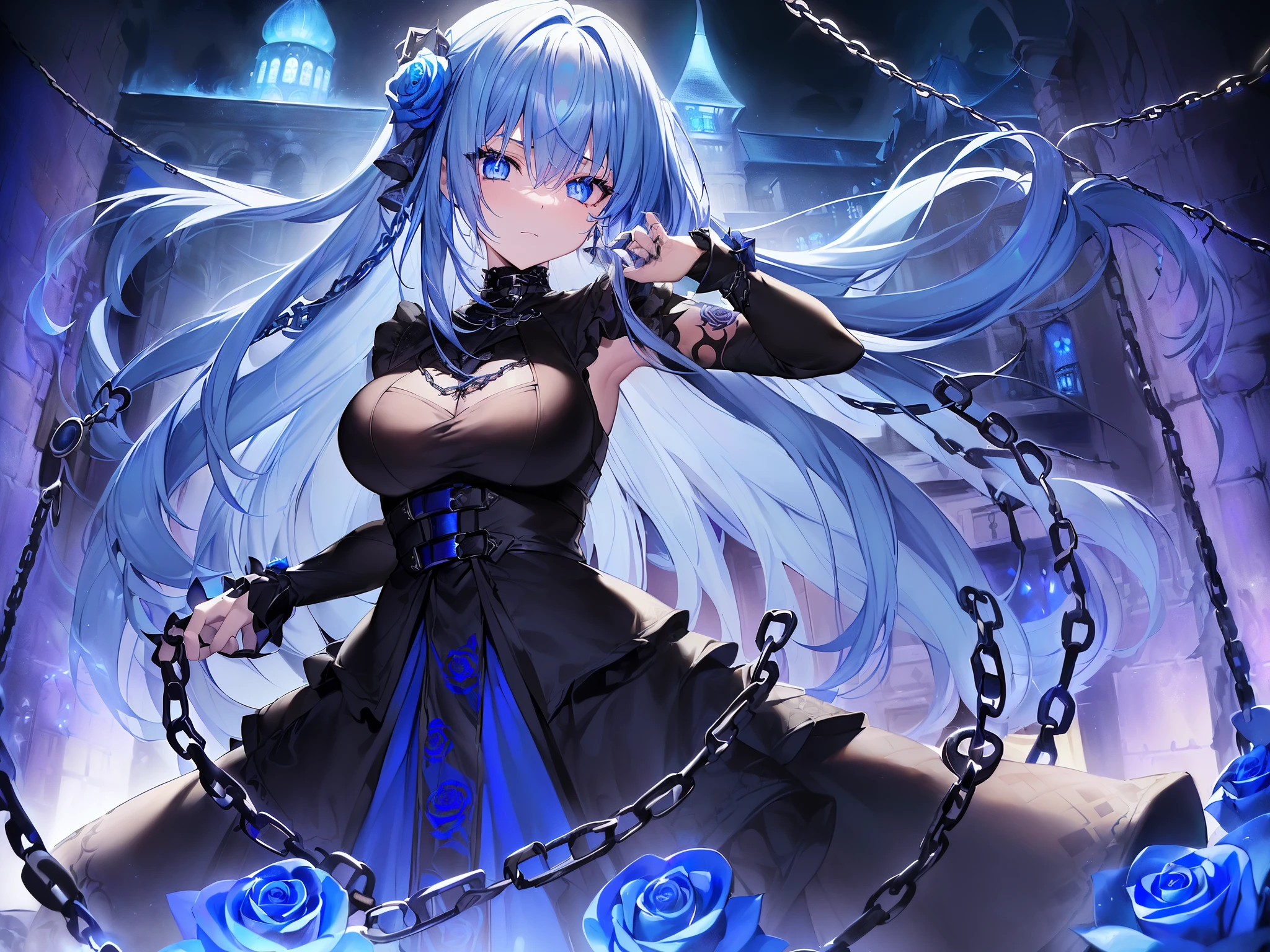 top-quality、Top image quality、masterpiece、girl with((18year old、dark outfit、prisoner、 Best Bust、Bust 85、a blond、Semi-long、Blue eyes、open chest wide、Valley、Happiness、A slender、Provocative behavior、Evil face、Handcuffed、High laughter、Skull Tattoo、Tattoo of roses、Targeting your audience、Tighten blue rose hair、Black aura,Dark Forces,blue flames、Chain Accessories))hiquality、Beautiful Art、Background with((prison、Dark impression、House of Darkness、many chains))、masutepiece、Elaborate design、visualart、dark art
