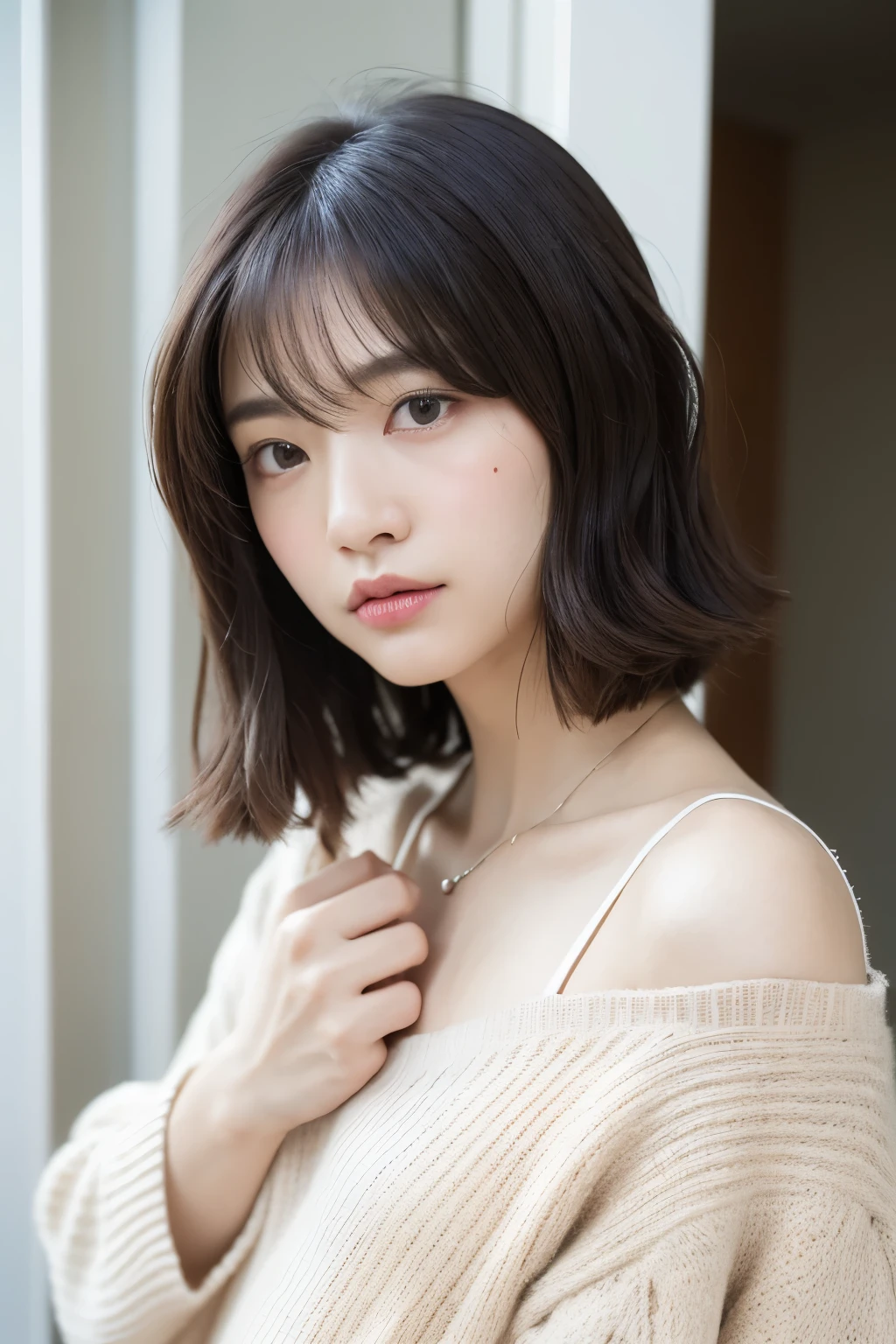 (top-quality、8K、32K、​masterpiece、nffsw:1.2)、cute little日本人女性の写真、large full breasts、very short bobbed hair、The upper part of the body、sface focus、Oversized_Sweaters、a necklace、simple background、From  above、looking at the viewers、mix4、(8K、Raw photography、top-quality、​masterpiece:1.2)、(realisitic、Photorealsitic:1.37)、1girl in、cute little、profetional lighting、photon maping、physically-based renderingt、Gradient Brunette Hair、short  curly hair、a handsome、Girly、superior image quality、hight resolution、1080p、(Clear face)、(Detailed face description)、(Detailed hand description)、(masuter piece)、(Exquisite CG)、 extreme light and shadows、hair messy、​masterpiece、lush detail、(Exquisite facial features)、(The highest image quality)、(​masterpiece)、(A detailed eye)、Looking forward to your eyes、Delicate collarbones、Poses variadas、don&#39;t watch mela、profile、white walls、Taken in front of the white door、(窓のあるwhite wallsの部屋)、Autumn clothes、Winter clothes、シンプルa necklace、黄色のSweaters