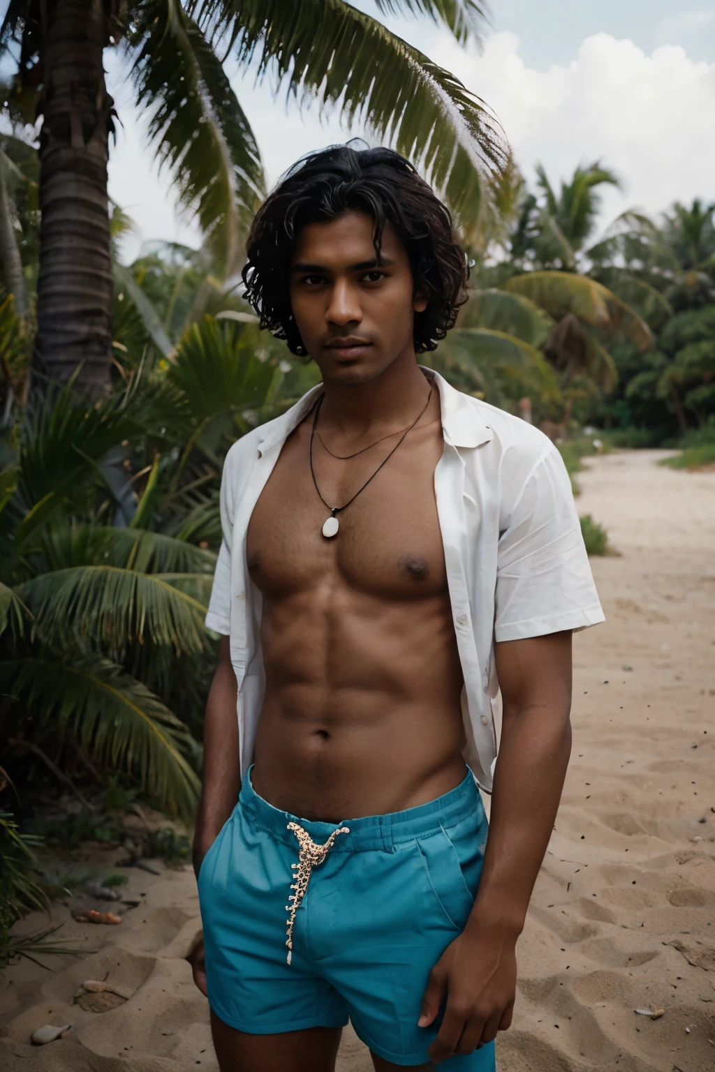 dark skin indian man at the beach during the daytime outdoors, no hair on the body, clean shaven face, slim body, very short curly messy hair, white shirt with all the buttons open, wearing long blue shorts, small shark tooth necklace, a polaroid photo inspired by Nan Goldin, tumblr, photorealism, 3 5 mm portrait, in style of nan goldin, in style of petra collins, taken with polaroid kodak portra, analogue photo low quality, photographed on colour film, shot with a canon 35mm lens, film portrait, dynamic lighting, artstation, volumetric lighting, very detailed faces, 8 k,full HD, award-winning,, 1man, in the dark, deep shadow, discreet, cowboy shot, (official outfit: 1.4)