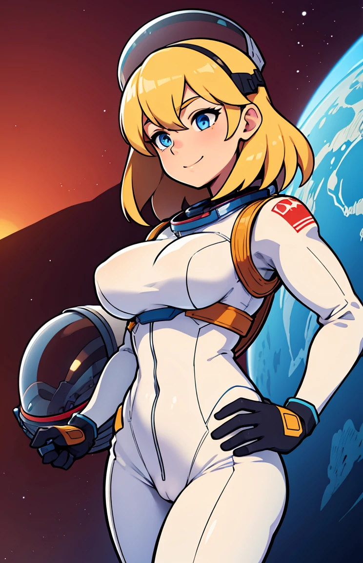 high res, 1girl, mature female, halfbody, blonde hair, medium hair, blue eyes, official astronaut suit unit, oxygen backpack, (astronaut helmet:1.0), outside on the surface of mars, canyons and desert, beautiful background, perfect eyes, profiles, dynamic pose, zero gravity, red sky, cirrus clouds, sharp thick outlines, sense of awe, epic, light smile, deep cameltoe, wide hips, heart symbols on suit, heart symbol on underbelly