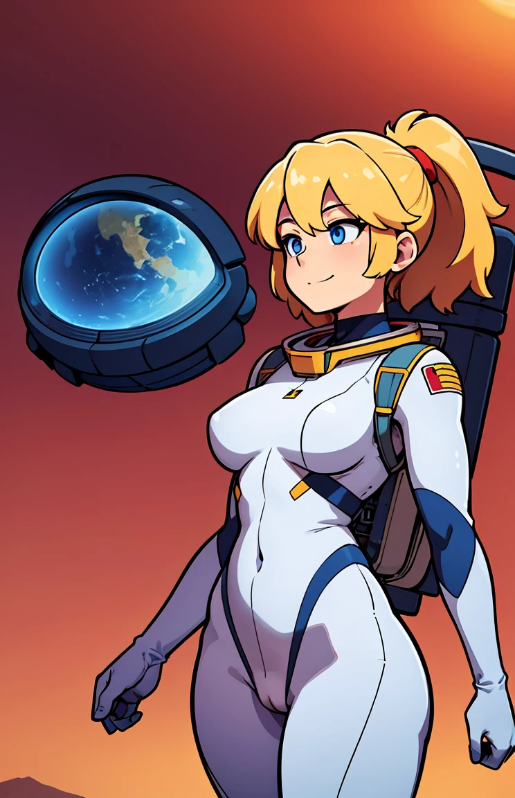 high res, 1girl, mature female, halfbody, blonde hair, medium hair, blue eyes, official astronaut suit unit, oxygen backpack, (astronaut helmet:1.0), outside on the surface of mars, canyons and desert,  beautiful background, perfect eyes, profiles, dynamic pose, zero gravity, red sky, cirrus clouds, sharp thick outlines, sense of awe, epic, light smile, deep cameltoe, wide hips, heart symbols on suit, heart symbol on underbelly