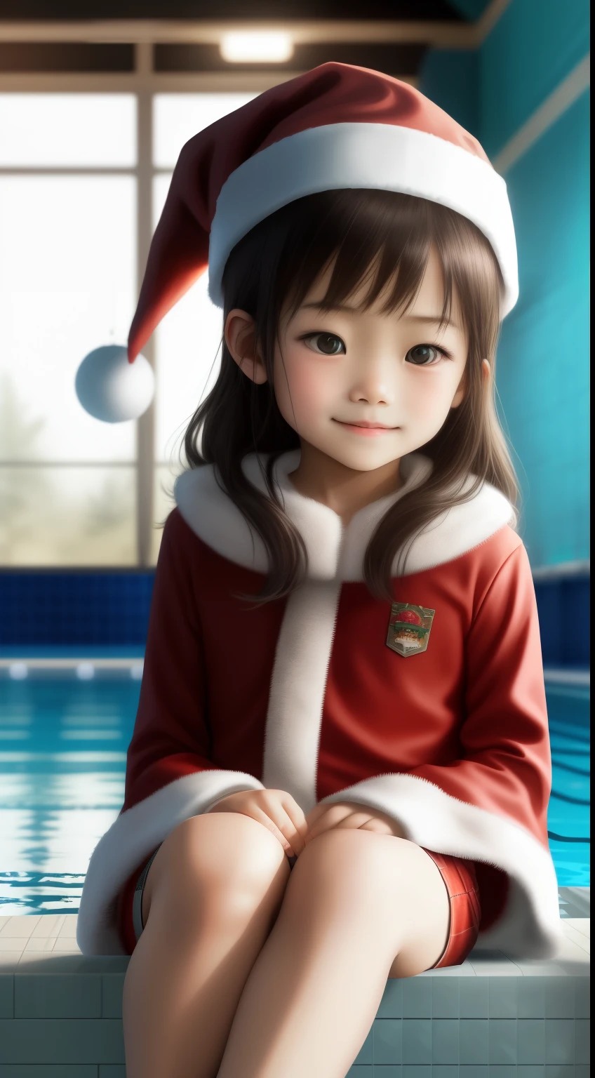 An Asian little boy, 5 years old, wearing Santa Claus costume, sitting in an indoor swimming pool with a Christmas tree and lounge chairs by the pool. (best quality, 4k, highres:1.2), ultra-detailed, realistic, portraits, vivid colors, warm and vibrant atmosphere, soft natural lighting, sparkling water reflections, joyful expression, playful mood, Santa hat, cute and innocent features, cozy indoor setting, holiday decorations, serene and relaxing ambiance, soft focus on the girl, a sense of wonder and anticipation in the air